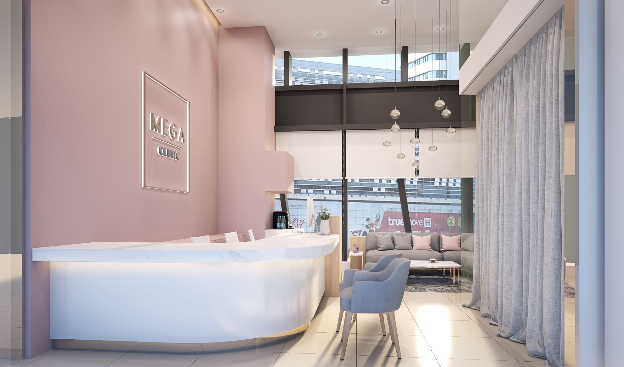 Clinic interior design at MEGA Clinic in Bangkok, a curved back-lit reception counter against a blush pink wall with a debossed logo and a glazed waiting lounge beyond