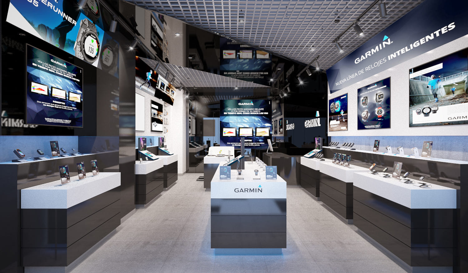 Retail interior design for Garmin Shop SQ1, with a black open-grid ceiling, dark perimeter joinery and pale stone display tops under a blue graphic band
