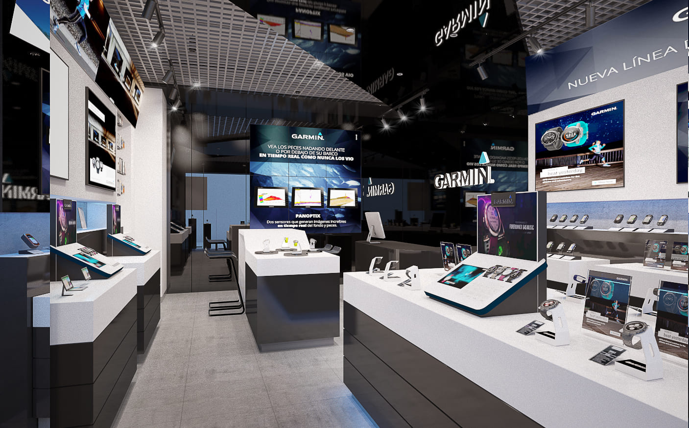 Garmin store interior showing demonstration plinths at different heights with tilted tablets, product walls and track lighting overhead
