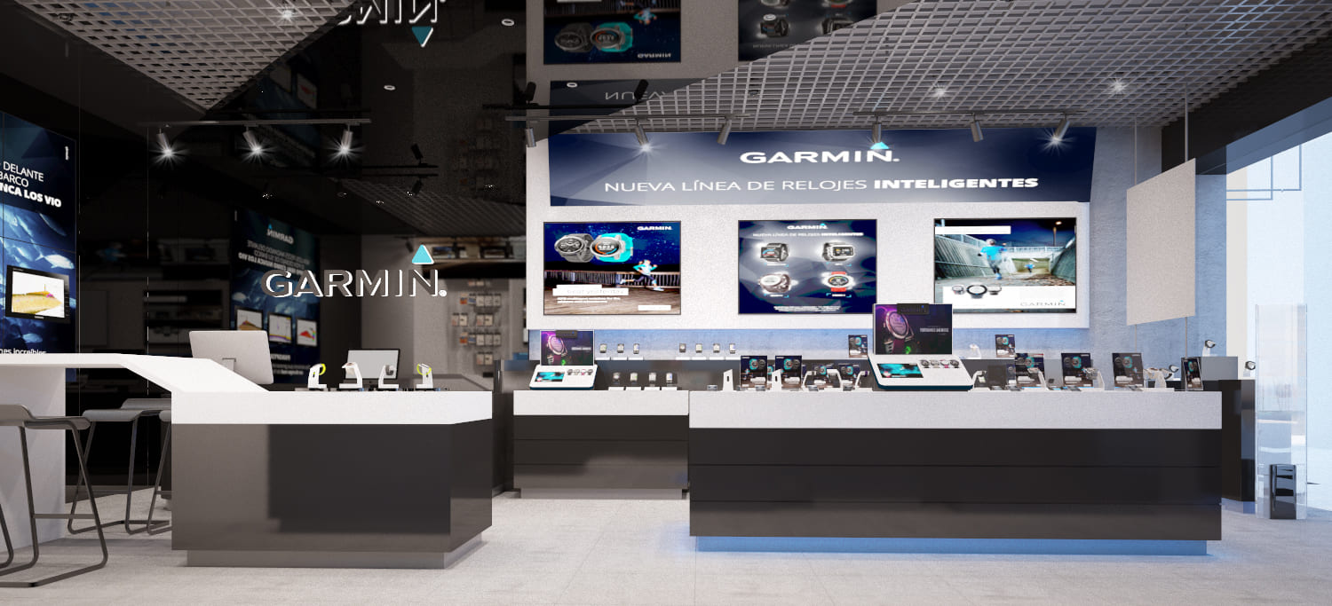 Cash and consultation counter in the Garmin store, turned side-on to the entrance with stools on the customer side beneath the main brand banner