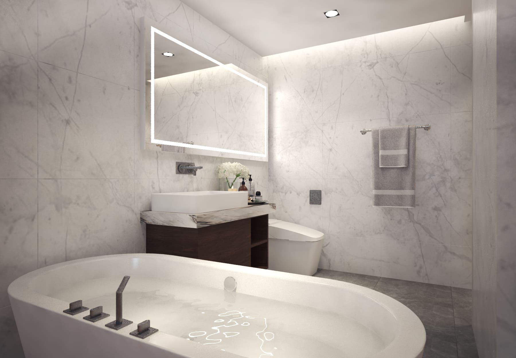 Marble bathroom with a freestanding oval bathtub, backlit mirror and timber vanity