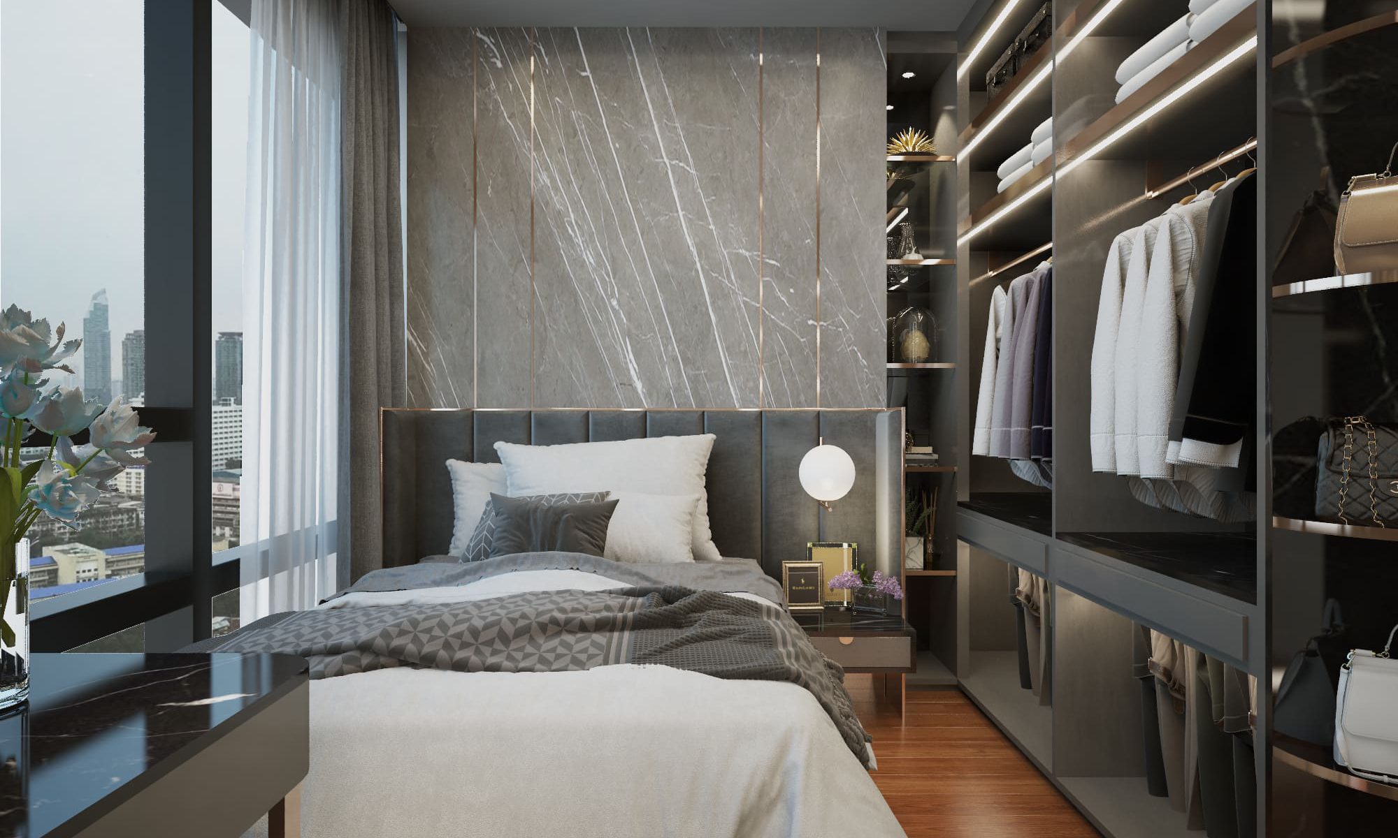 Master bedroom at The Bangkok Sathorn with a book-matched marble headboard wall and Bangkok skyline view