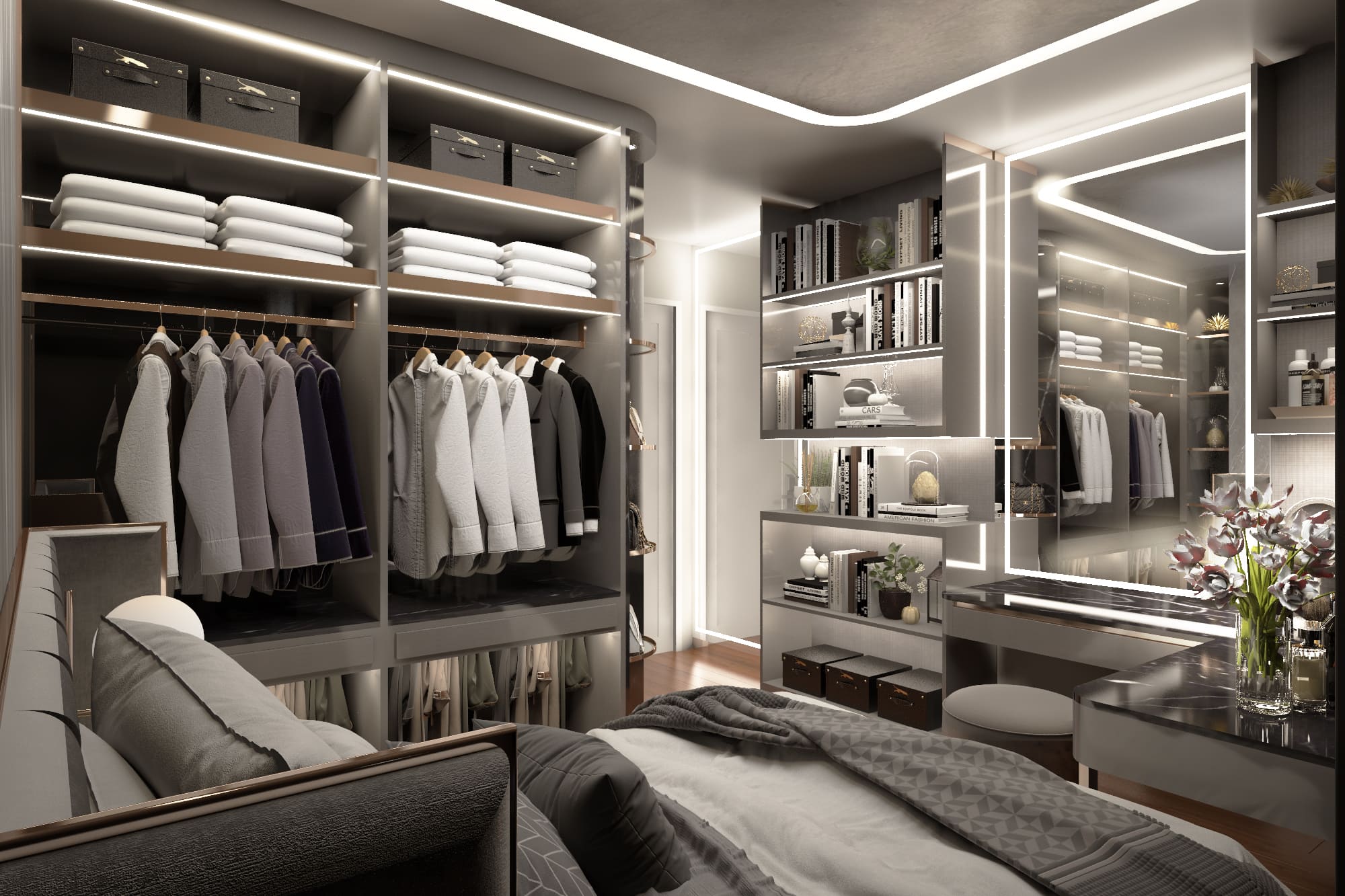 Dressing room with a built-in vanity, seating and side-lit hanging rails