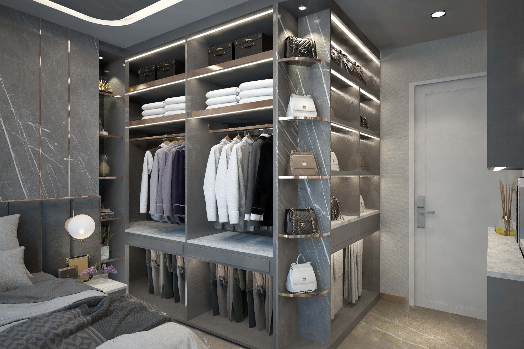 Walk-in wardrobe with backlit open shelving, grey marble panel and integrated hanging rails