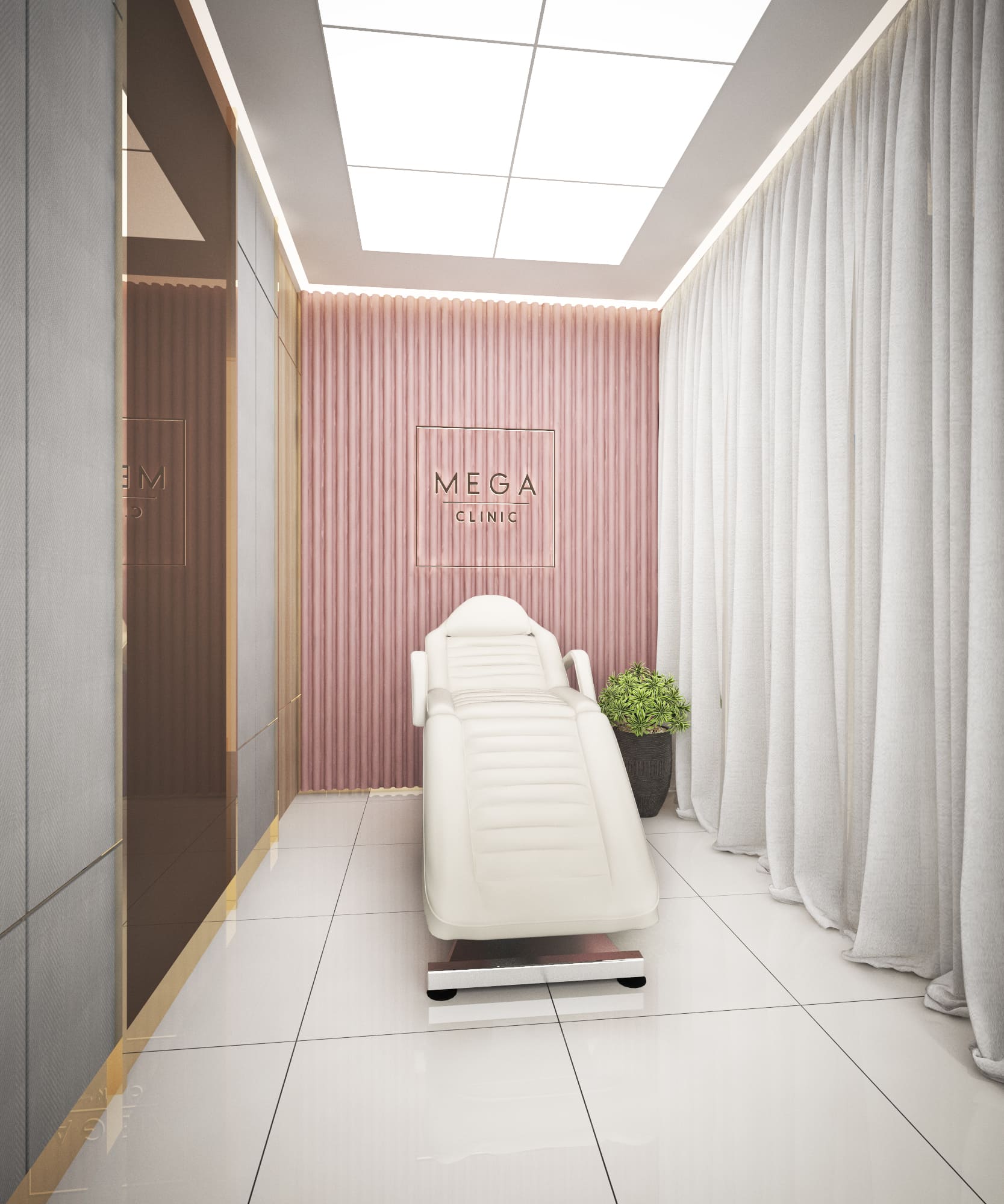 Clinic treatment room with a white electric procedure chair, a fluted blush pink panel behind it and a back-lit ceiling panel above