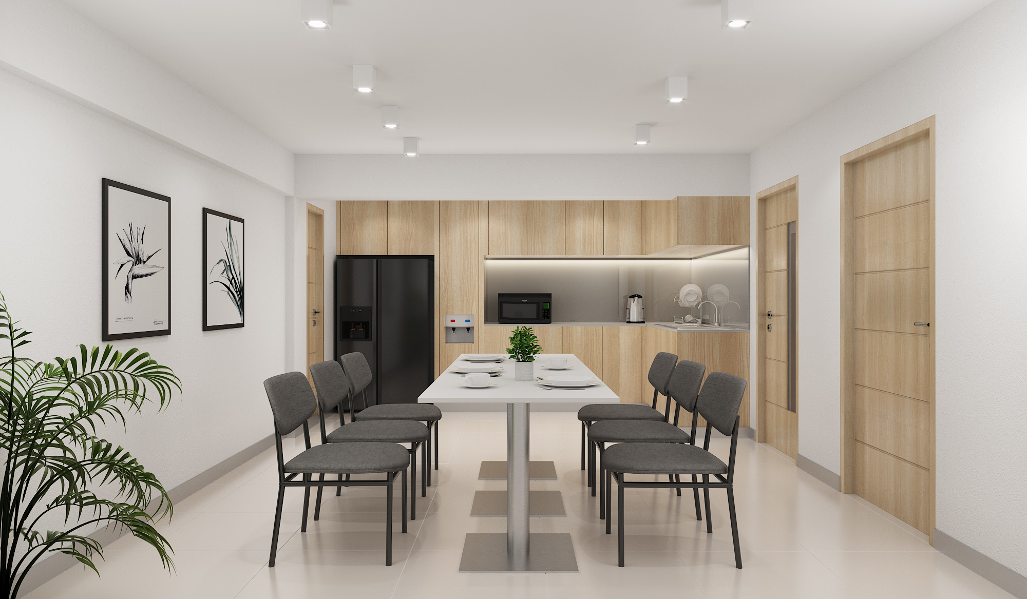 Staff canteen with long communal tables at the Romrawin head office