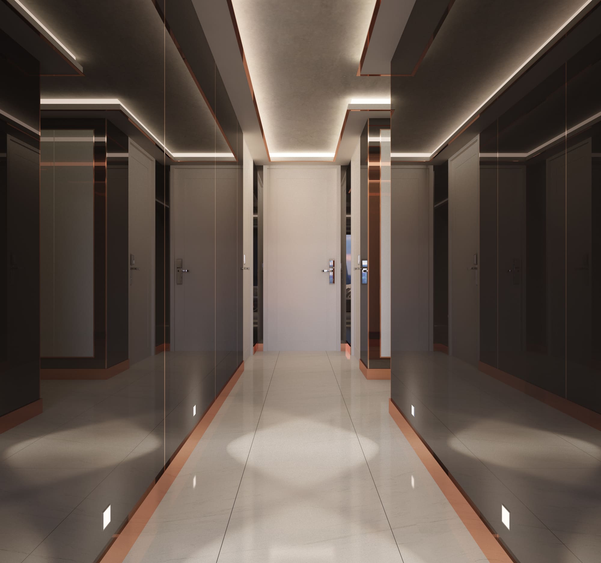Private corridor with flush lacquer doors, continuous ceiling cove lighting and a warm brass floor reveal