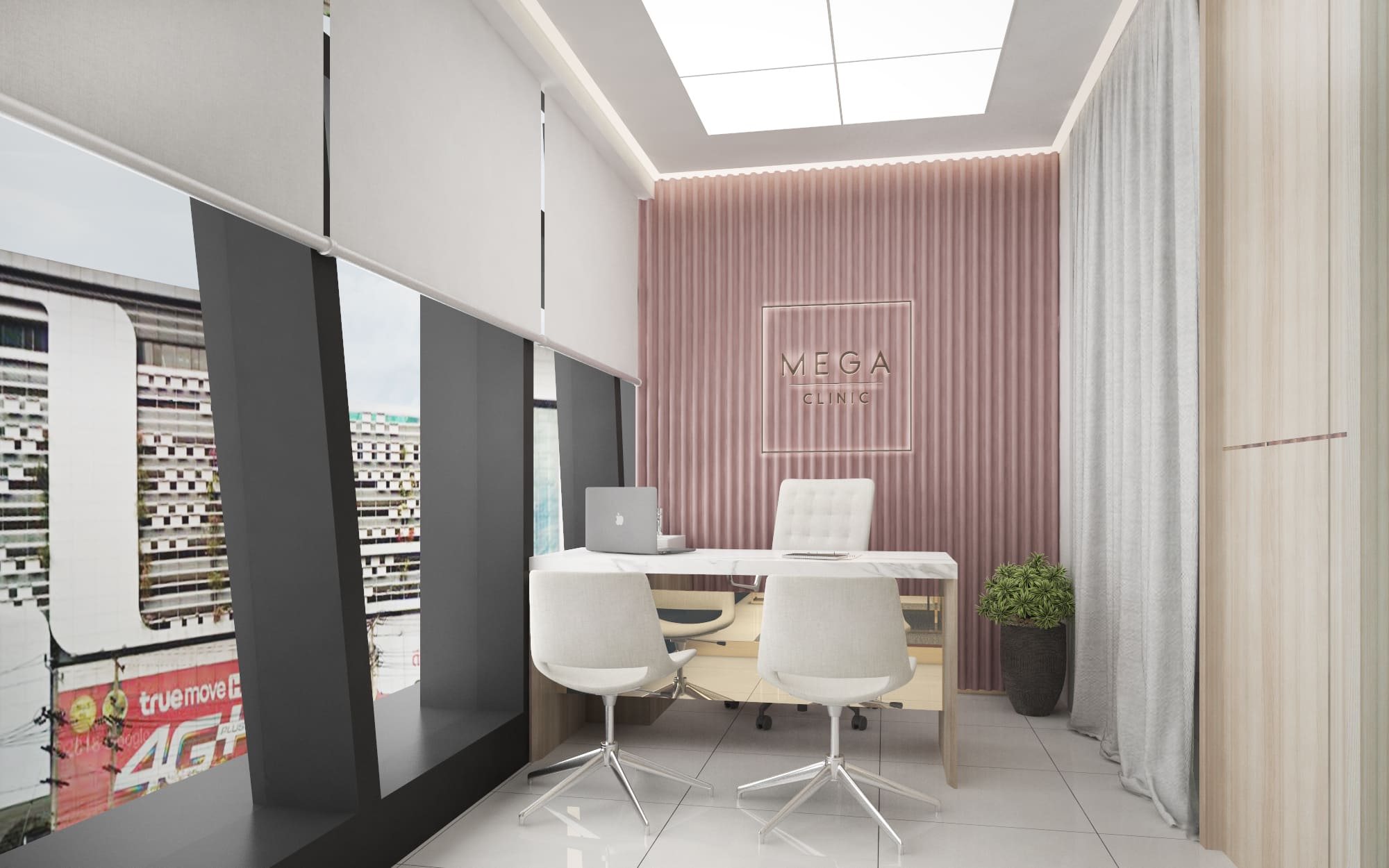 Clinic consulting room with a slim white desk, two white swivel chairs and a fluted pink wall carrying the clinic logo