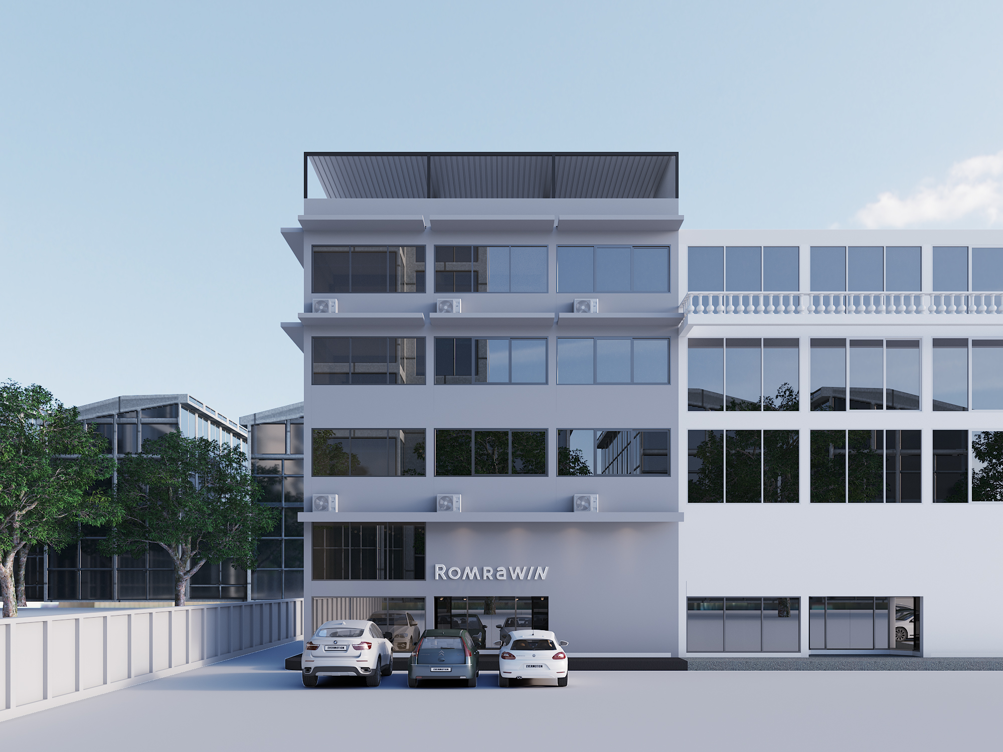 Street elevation of four renovated buildings unified as the Romrawin head office, Bangkok
