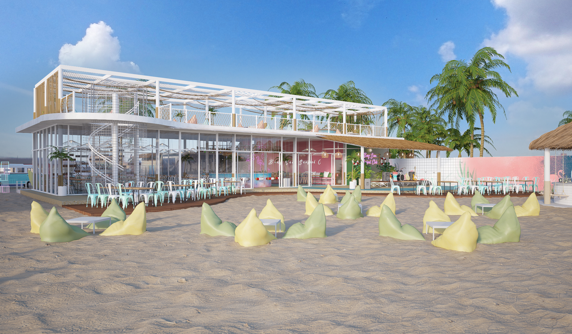 Seafood restaurant design at Bangsaen beach - white steel beach club pavilion on the sand