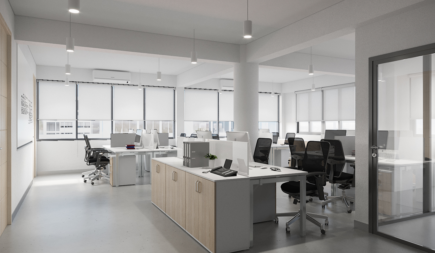 Fourth-floor open office floor with white desking and warm timber at Romrawin head office
