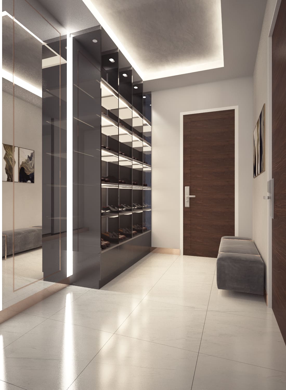 Entrance foyer with a backlit glass display cabinet, walnut door and mirrored return wall