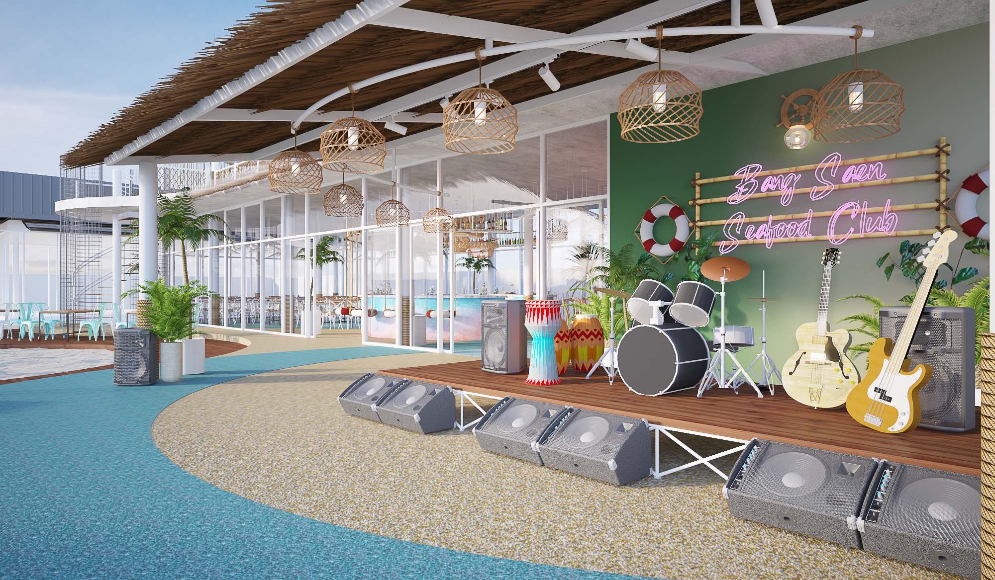 Seafood Club Bangsaen – พื้นเทอร์ราซโซลายคลื่น ออกแบบภายในโดย Gratitude Design