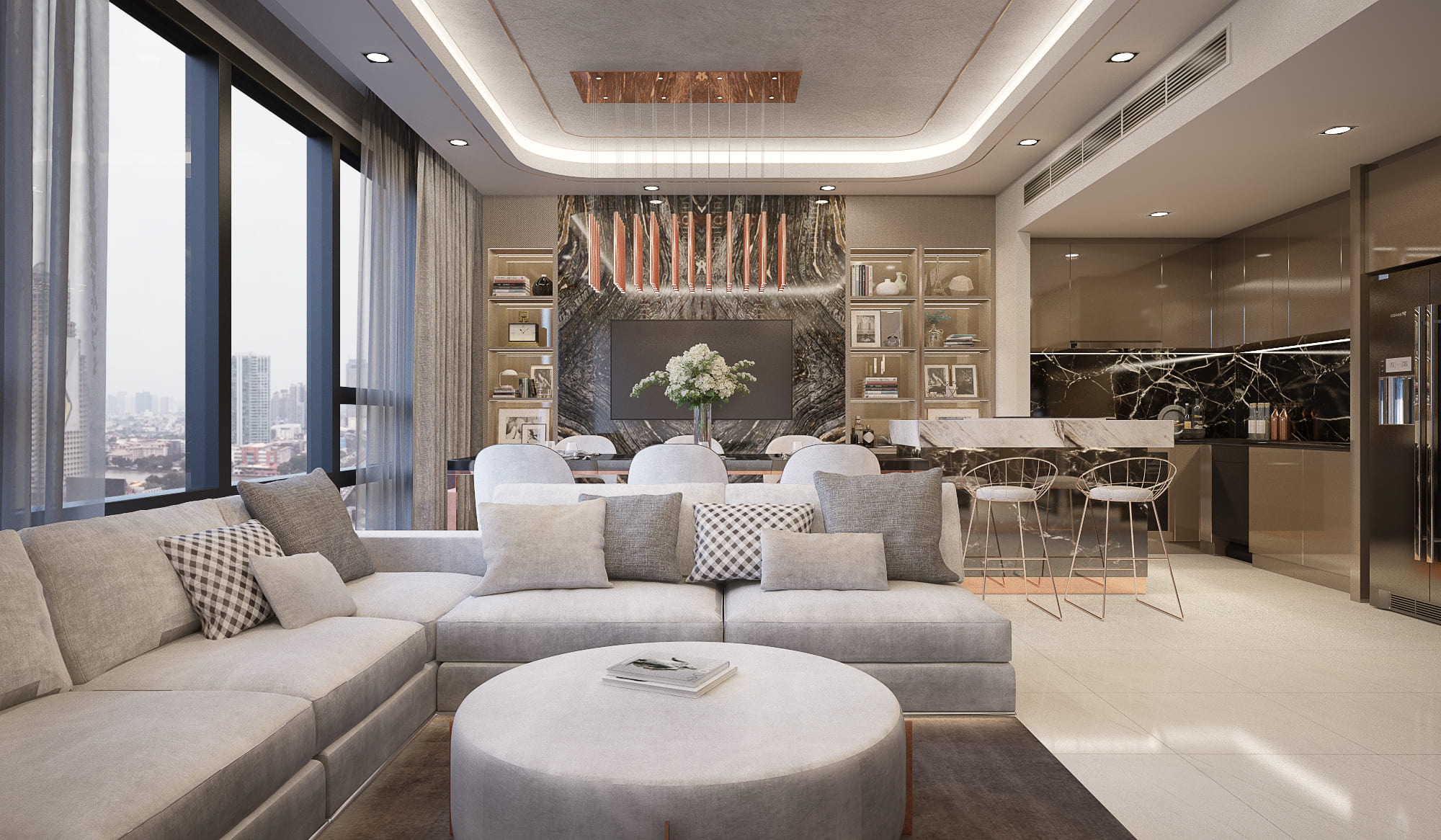 Living room with an L-shaped sofa and round upholstered table facing floor-to-ceiling windows over Bangkok