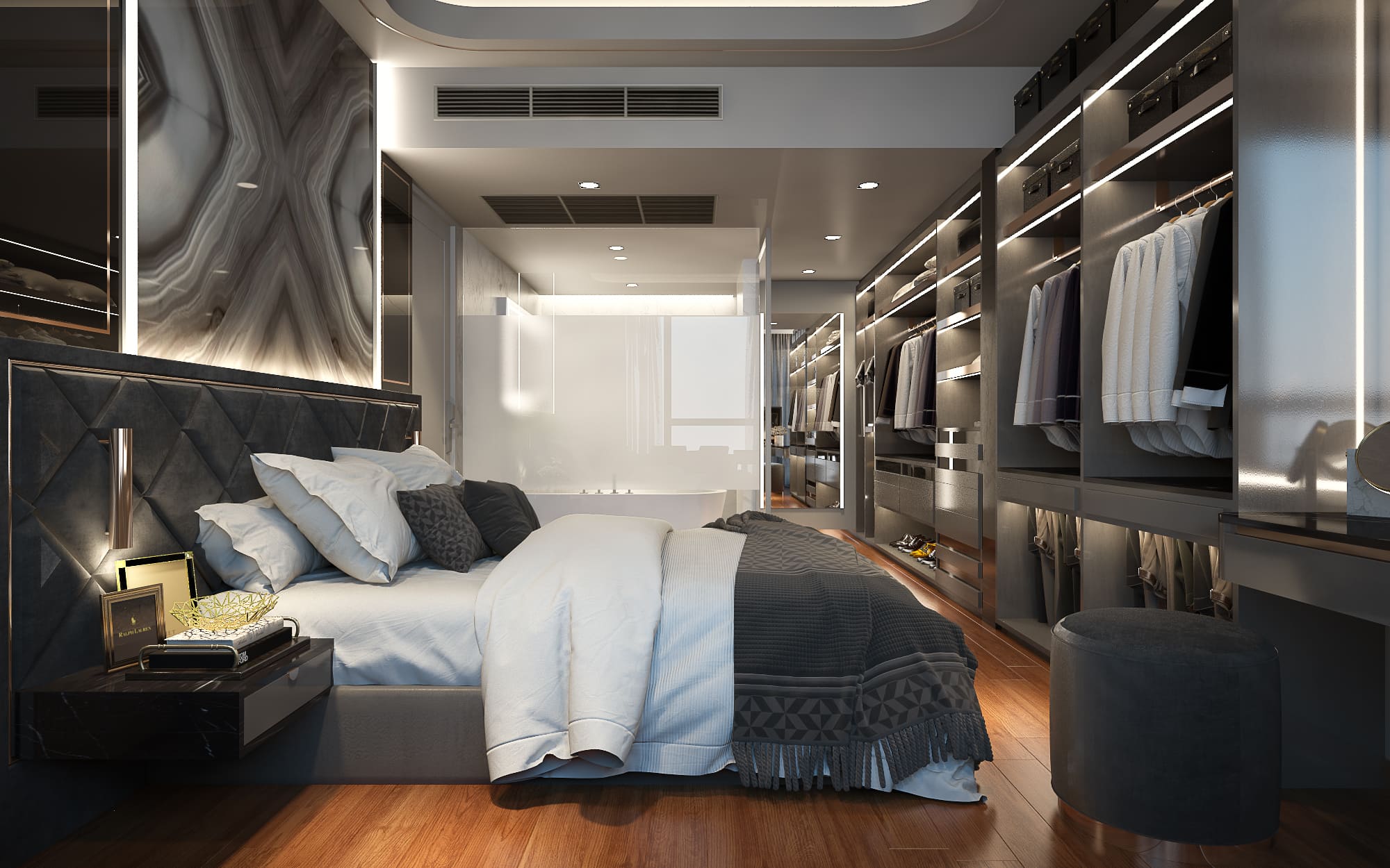 Master bedroom with a mirrored headboard panel and an open wardrobe run set behind the bed