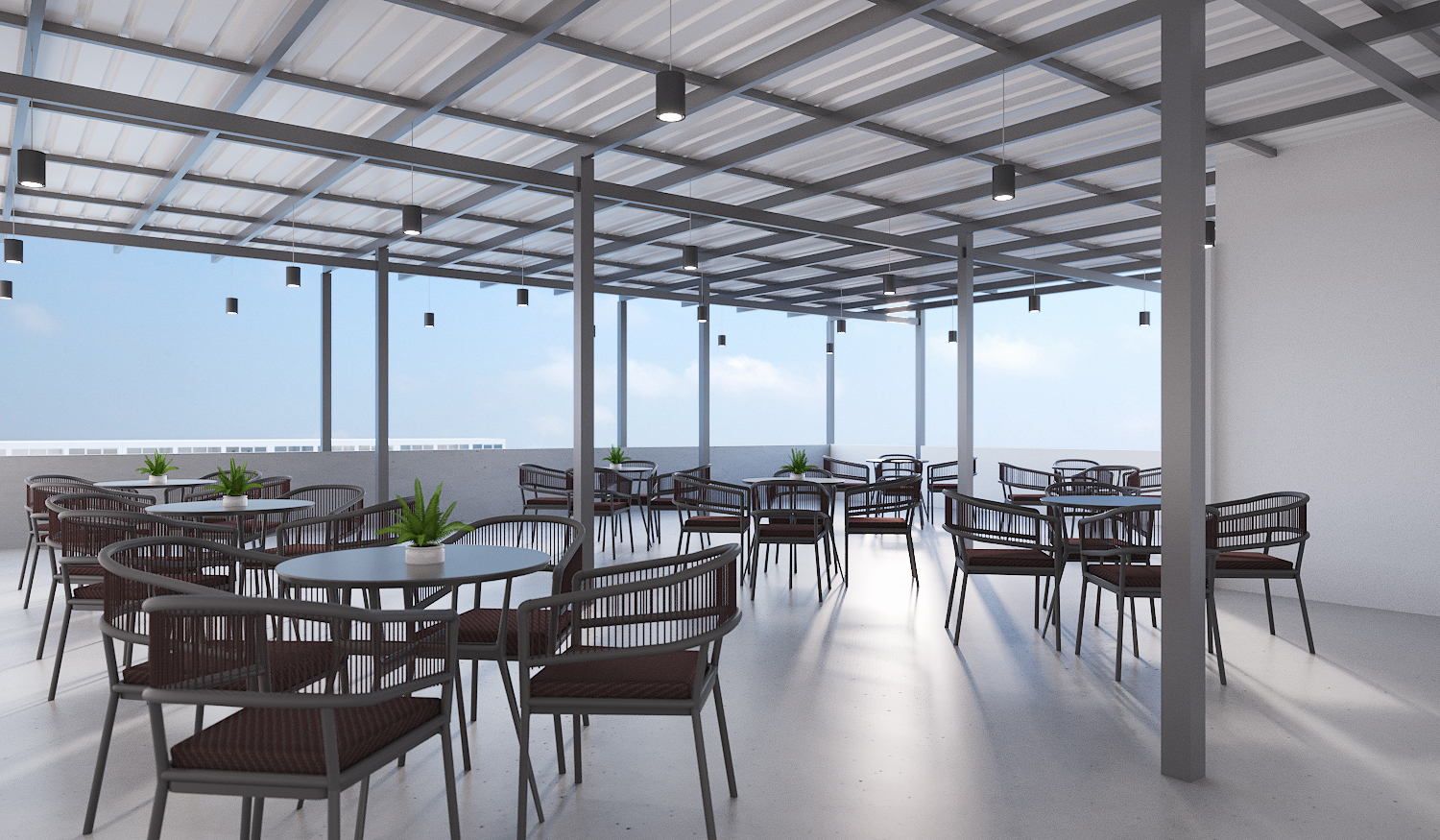 Semi-outdoor rooftop terrace with planting at the Romrawin head office, Bangkok