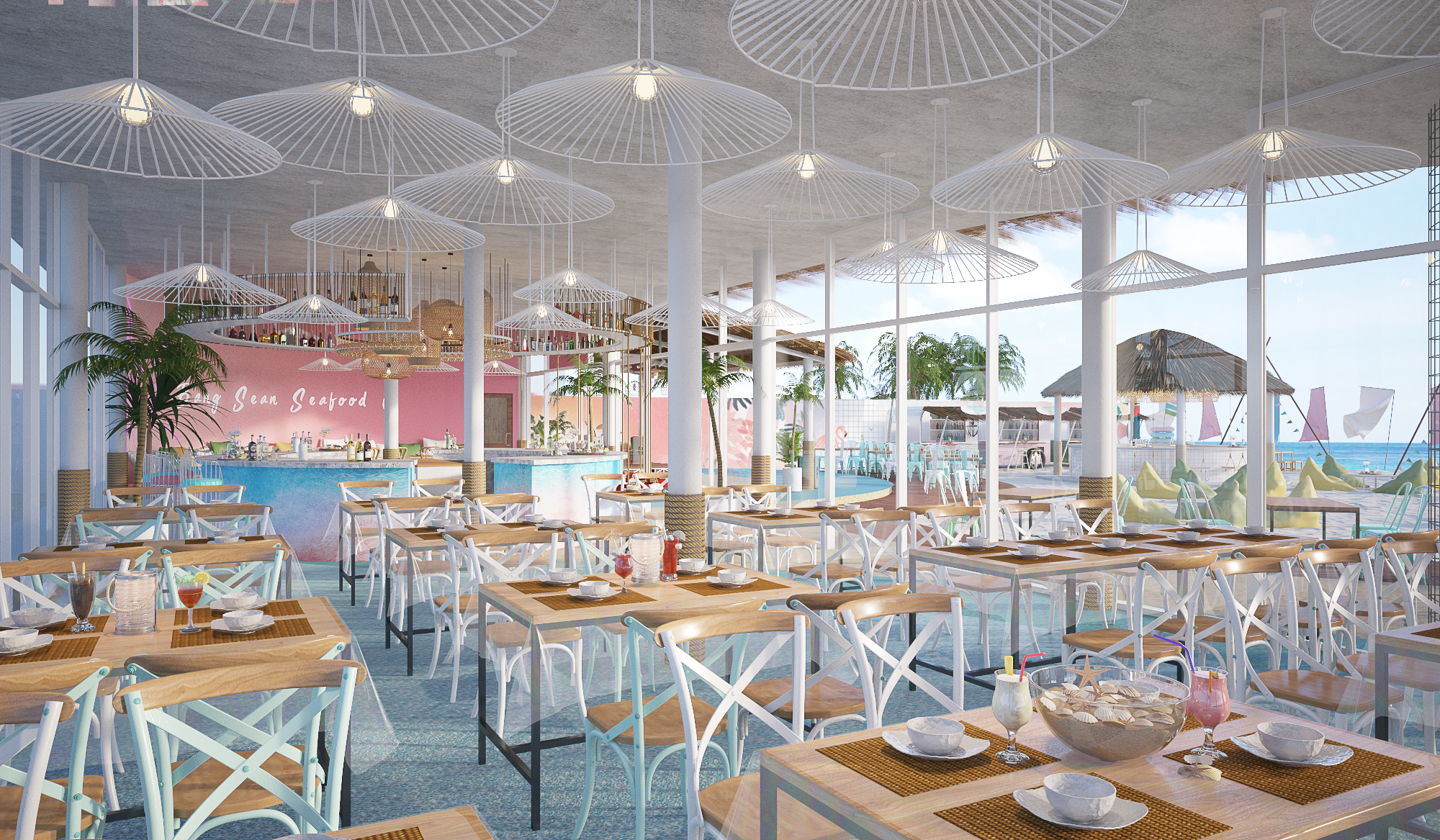 Seafood Club Bangsaen – ฮอลล์หลักและวิวทะเล ออกแบบภายในโดย Gratitude Design