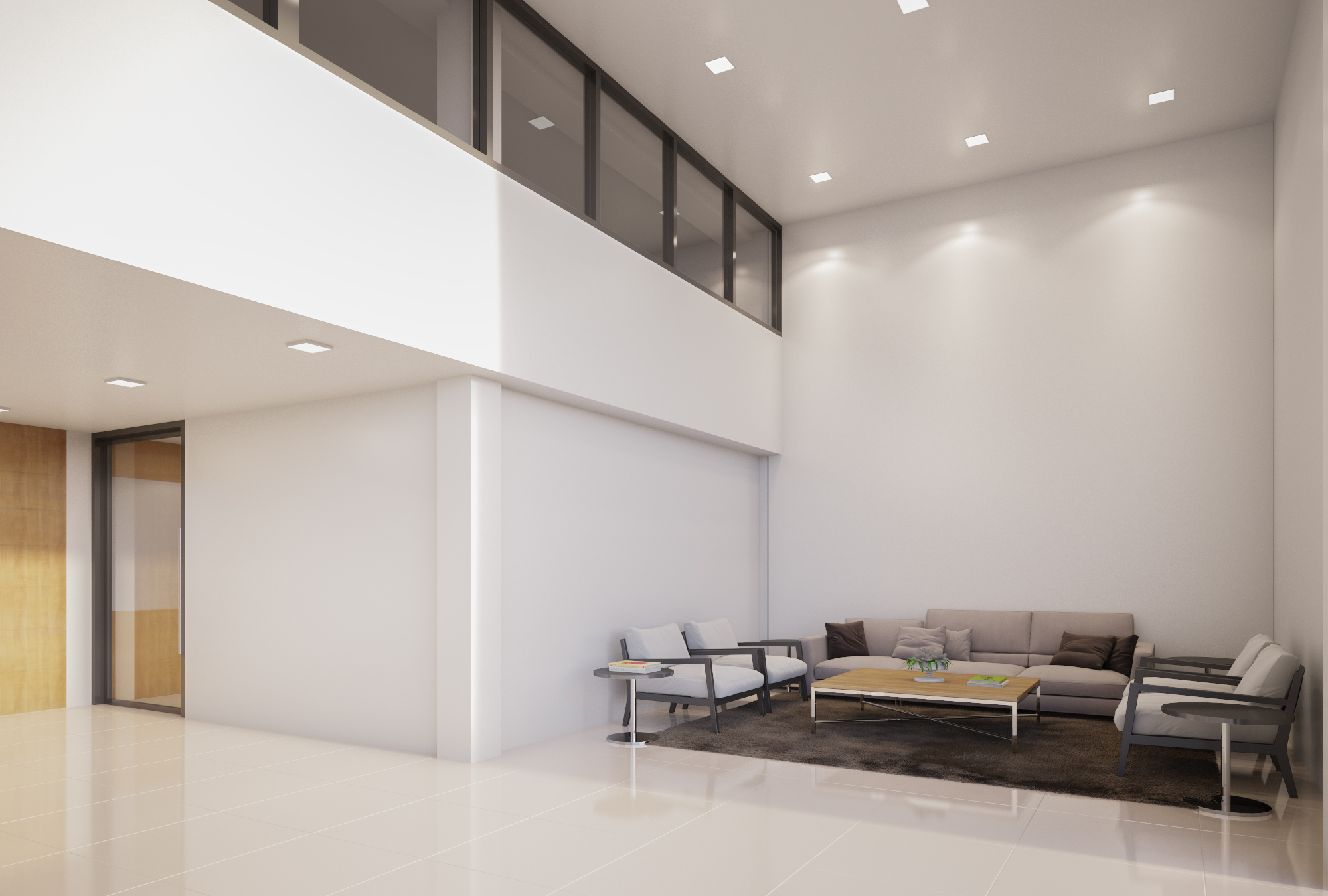 Visitor waiting area with upholstered seating beside reception at Romrawin head office