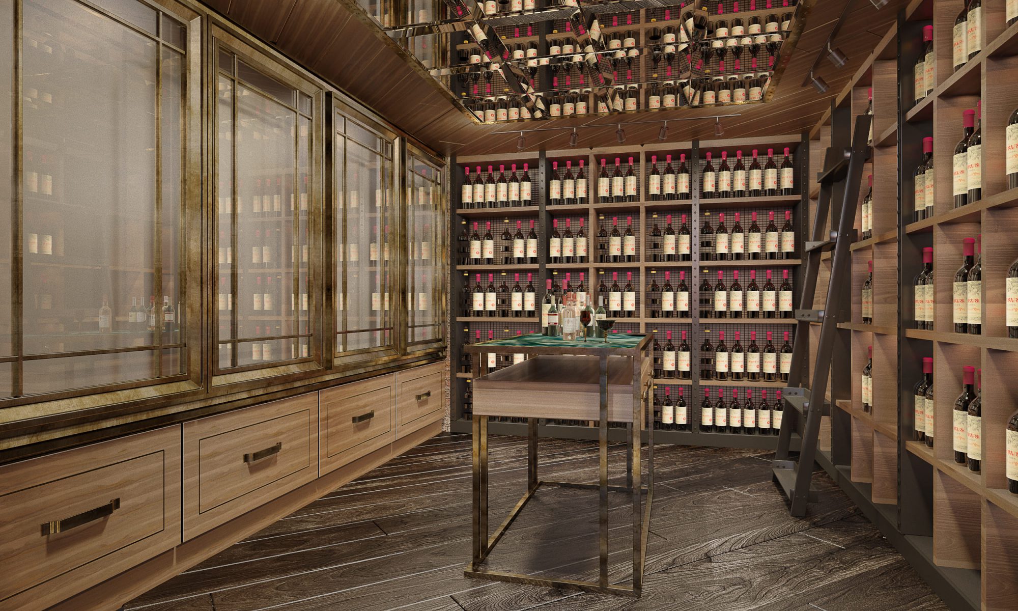 Walk-in wine room at CRU Chidlom with floor-to-ceiling timber racking, drawer units and a central tasting table
