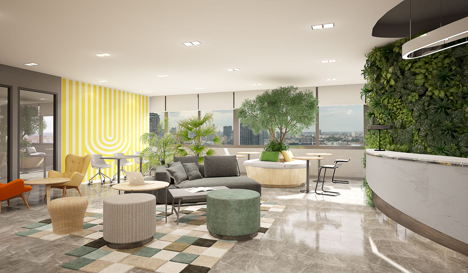 Shared office lounge with a living green wall, a yellow concentric line graphic, rattan and pouf seating and a patterned carpet inset