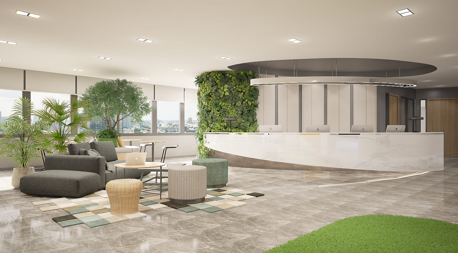 Office reception with a curved pale stone counter, a dark oval ceiling feature above it, tall planting and a green wall behind