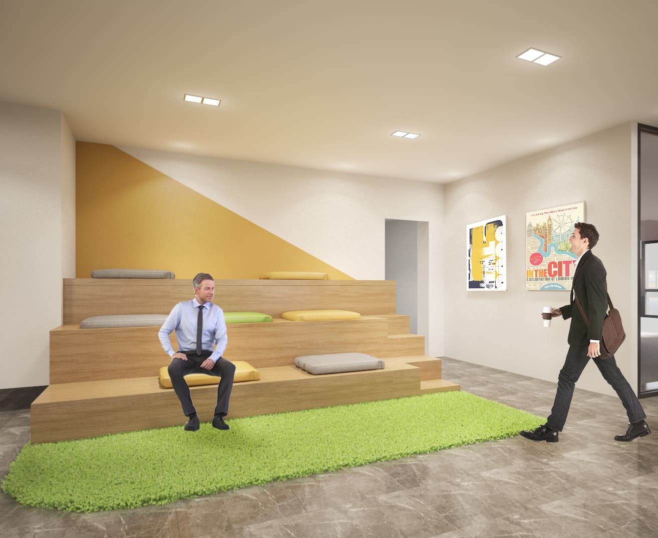 Tiered timber bleacher seating with loose cushions, an ochre angled wall graphic and a bright green rug in a shared office area