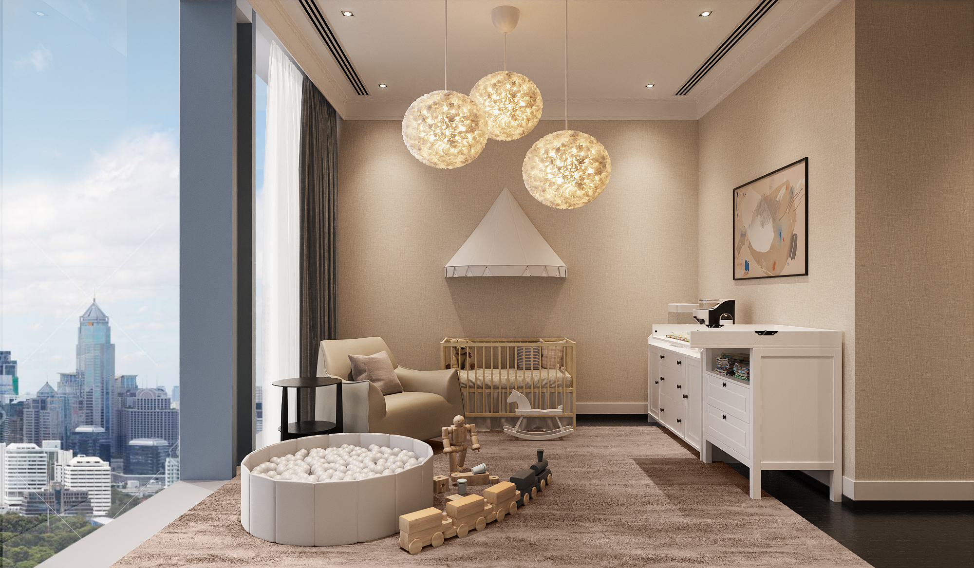 Nursery with cot, canopy, ball pit and globe pendant lights in a family apartment at Ritz-Carlton Residences Bangkok