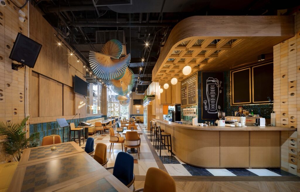 Curved timber bar with a coffered soffit at Beer Collection, craft beer bar interior design in Hua Hin