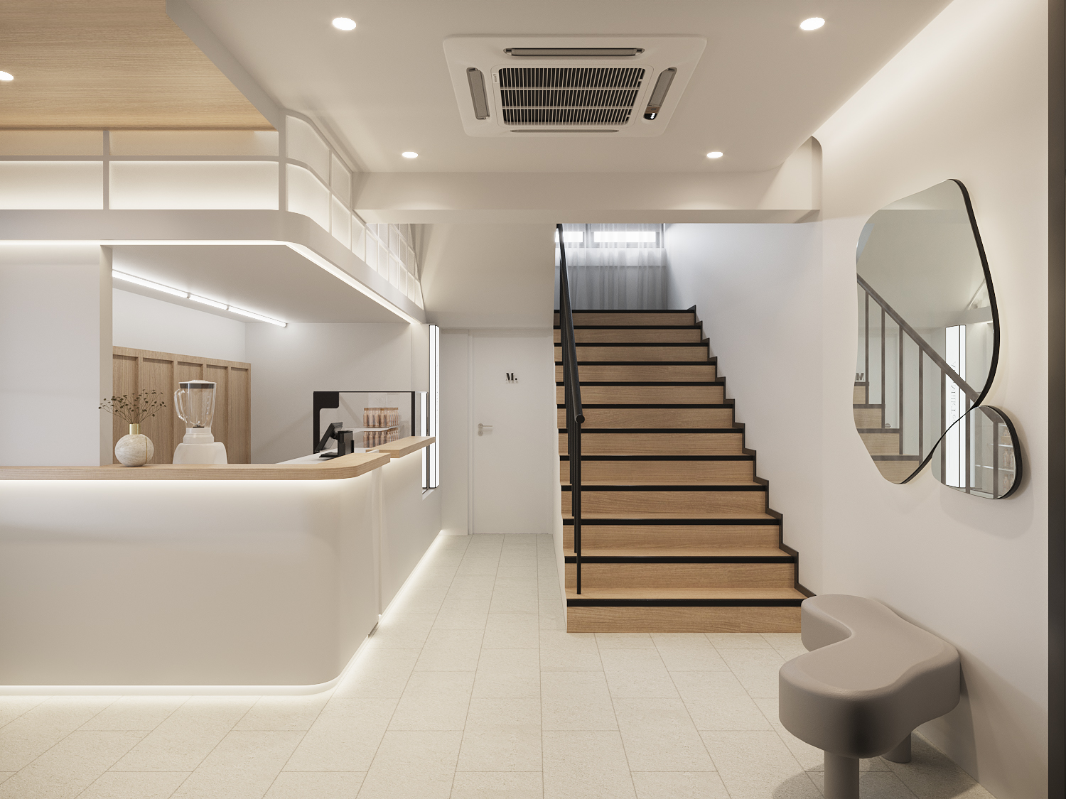 Oak stair with slim black handrail rising from the café to the clinic floors above