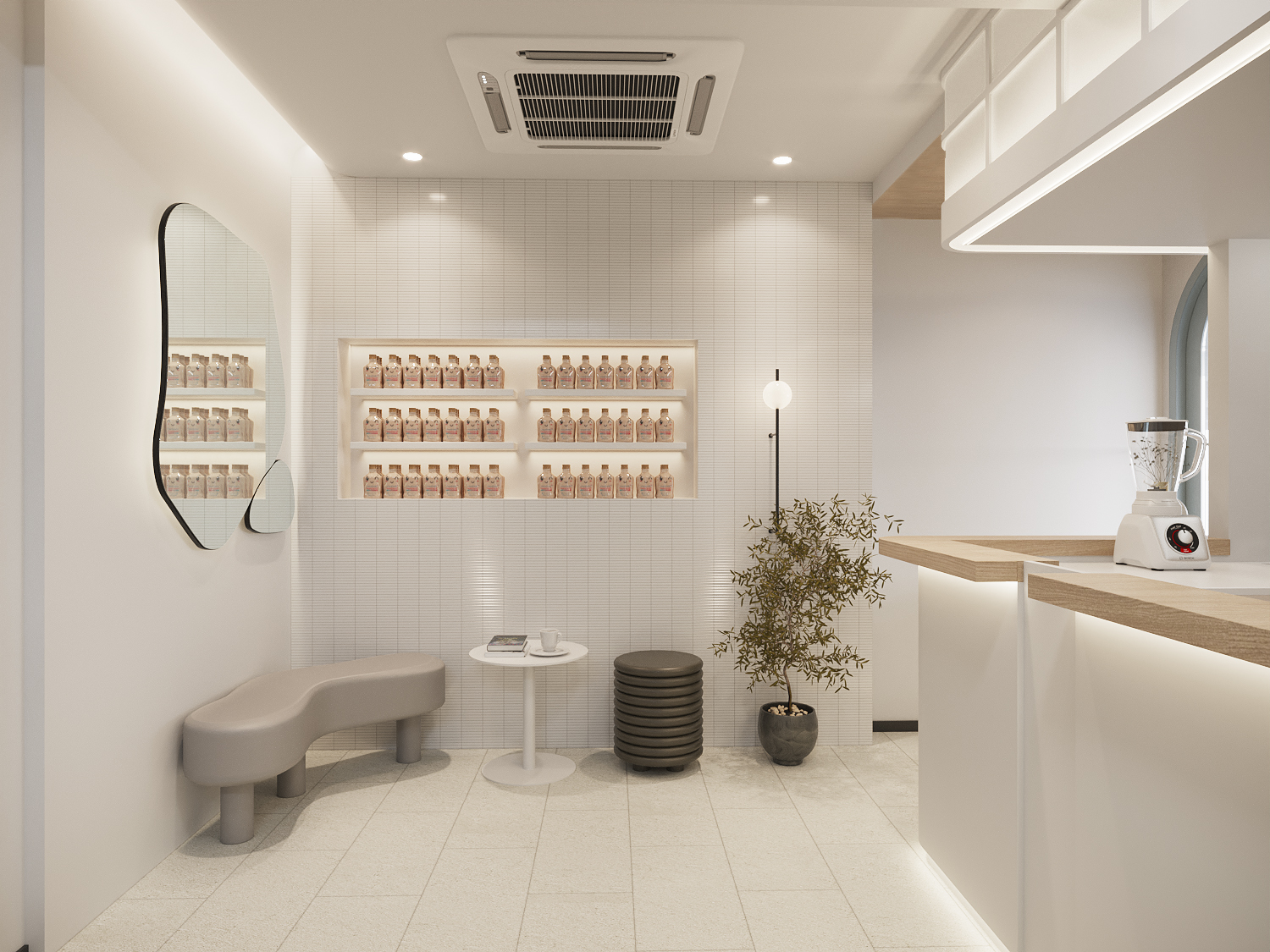 Retail display niches on a ribbed white tile wall with a curved bench and pebble table