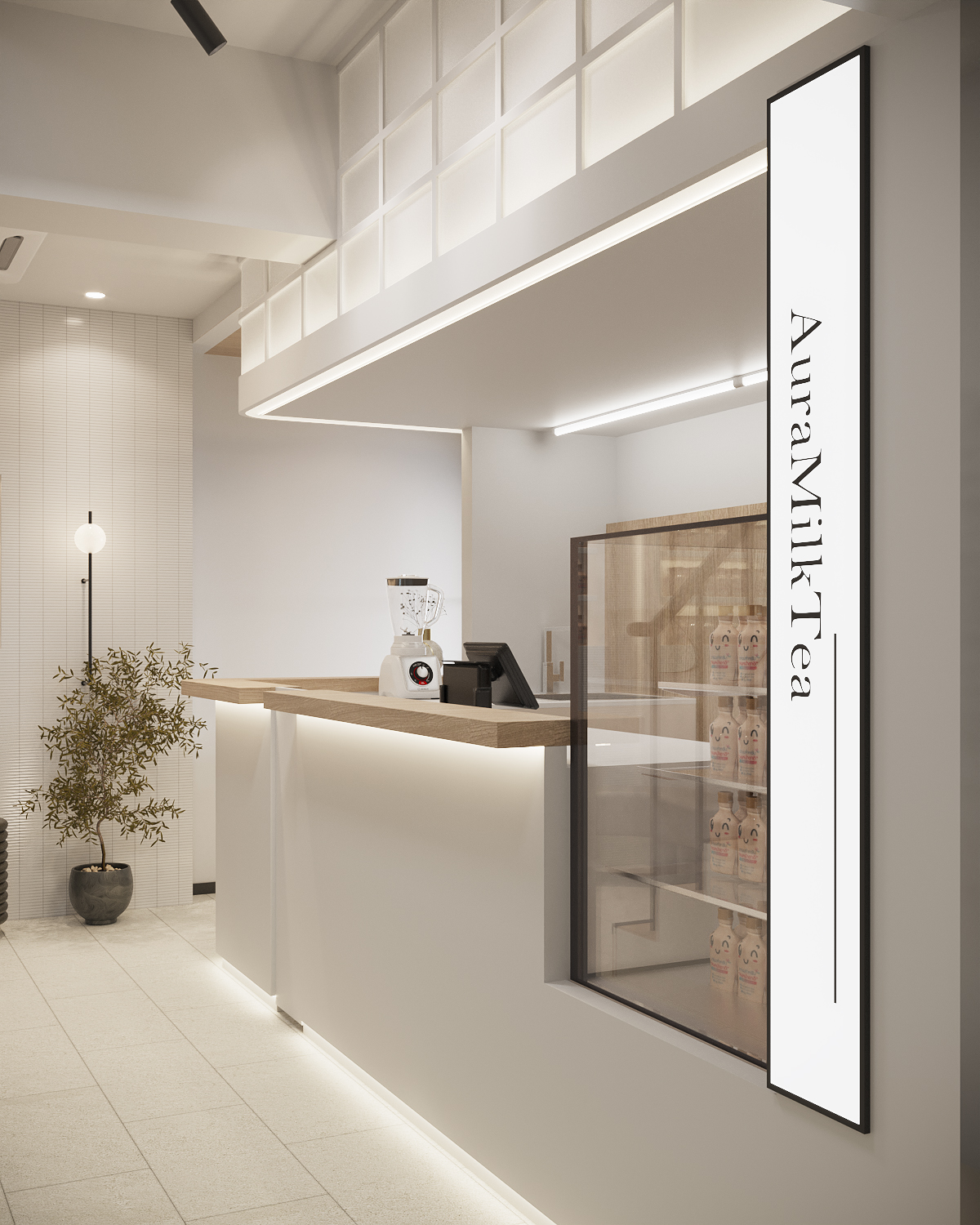 Aesthetic clinic interior design — the Aura Milk Tea counter in white lacquer and oak with a backlit product display