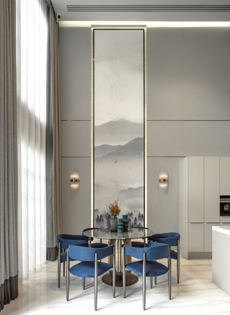 Double-height dining room with full-height ink-wash mural, brass frame and blue velvet chairs, Quarter31 Bangkok