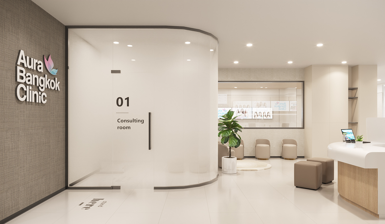 Numbered consultation rooms entered from a curved lobby