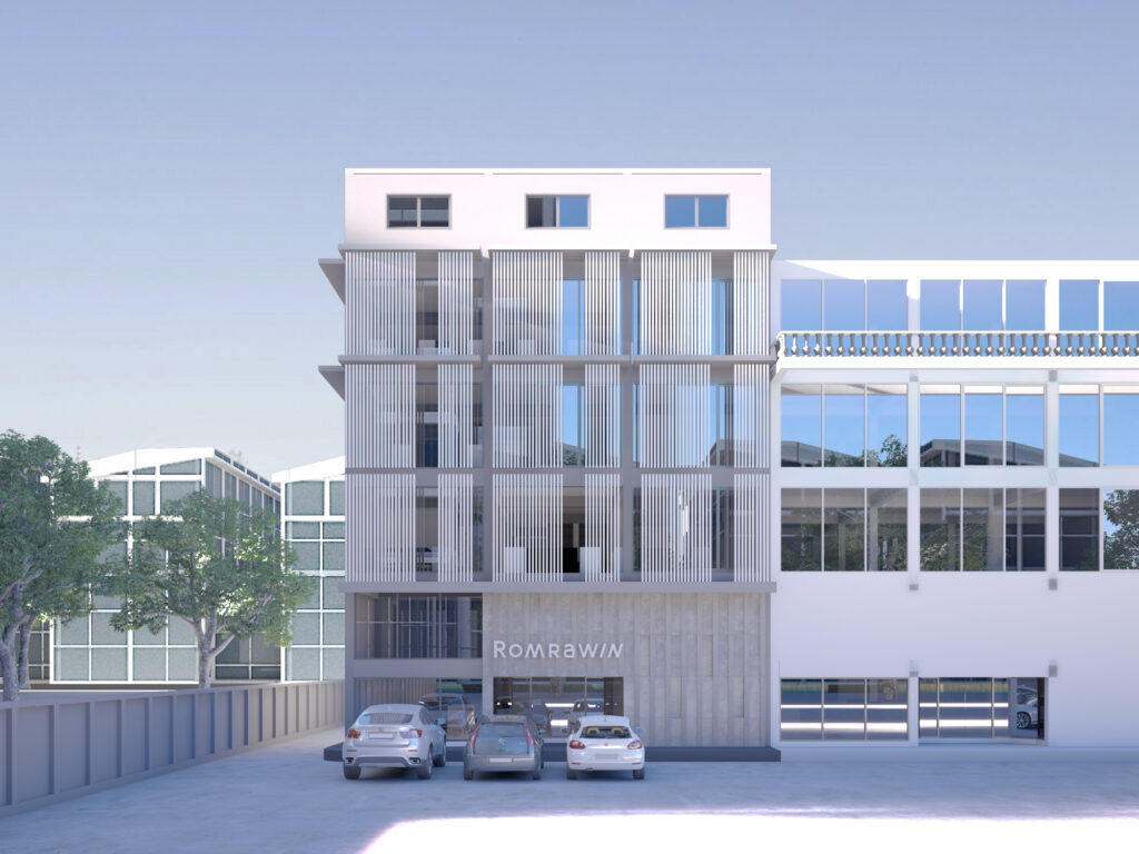 Romrawin Head Office – รูปด้านหน้าอาคารสี่หลังรวมเป็นหนึ่งหลังแผงครีบแนวตั้ง ออกแบบโดย Gratitude Design