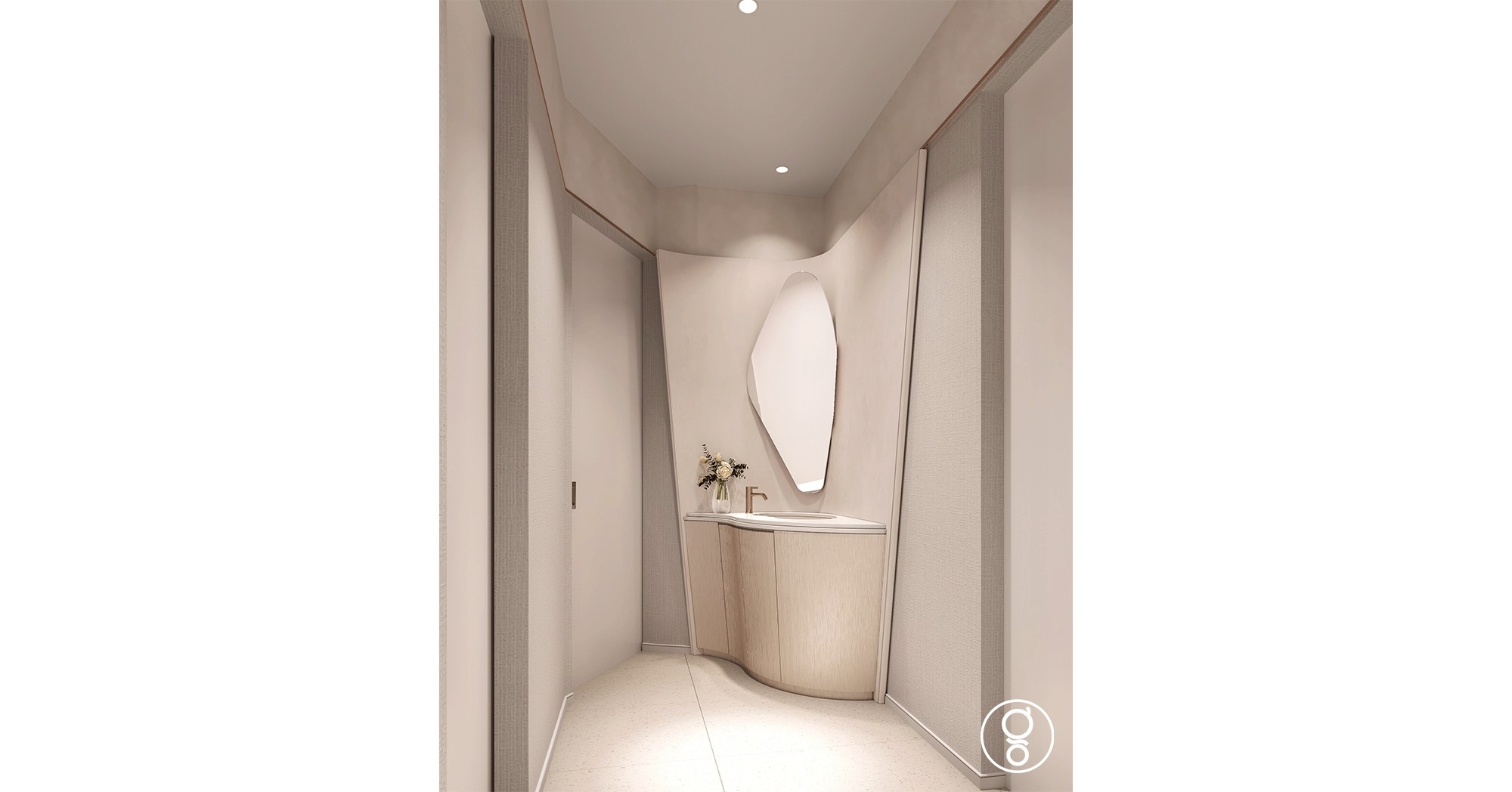Powder room with an organic-shaped mirror and a curved timber vanity