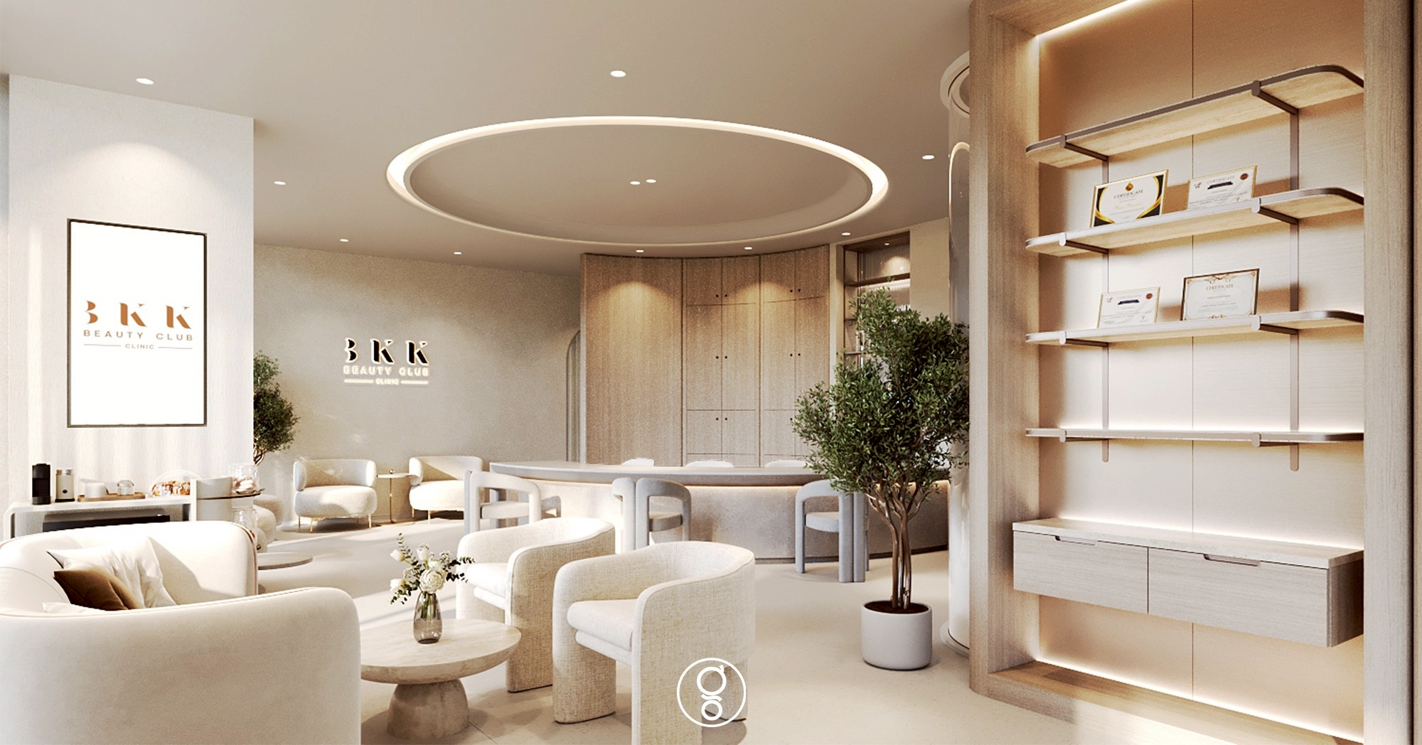BKK Wellness Club Chaengwattana — cream clinic lounge with circular cove ceiling, boucle armchairs and backlit retail shelving, designed by Gratitude Design