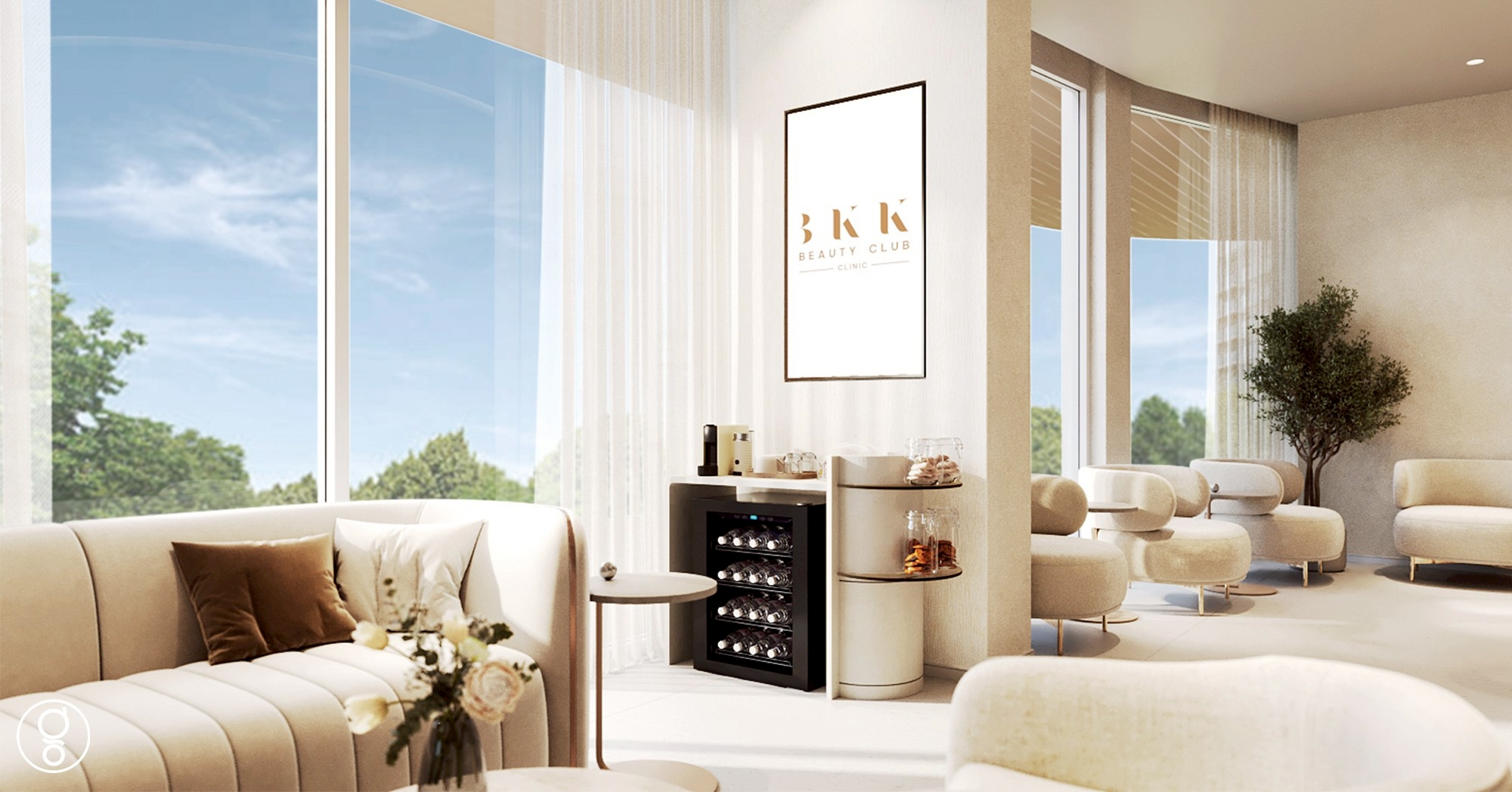Daylit clinic waiting lounge with coffee station and full-height glazing