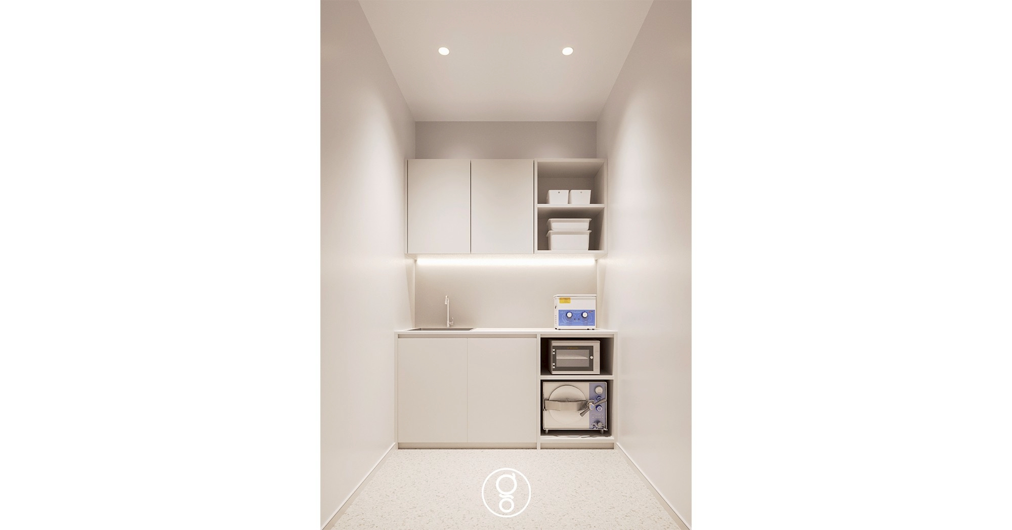 Sterilisation room with continuous prep counter, ultrasonic bath and autoclave