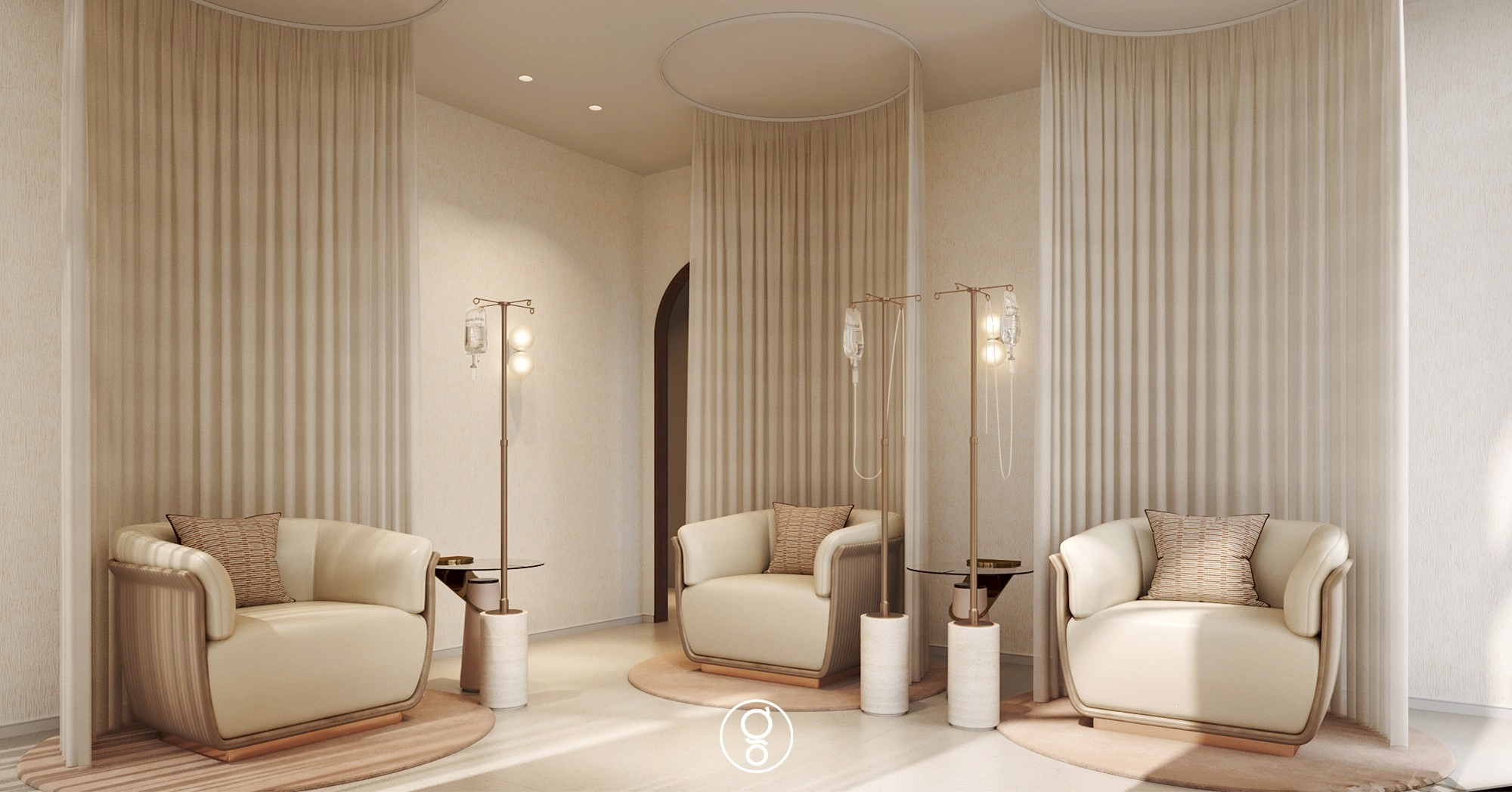 Vitamin drip lounge with curtained alcoves, cream leather armchairs and lit drip stands