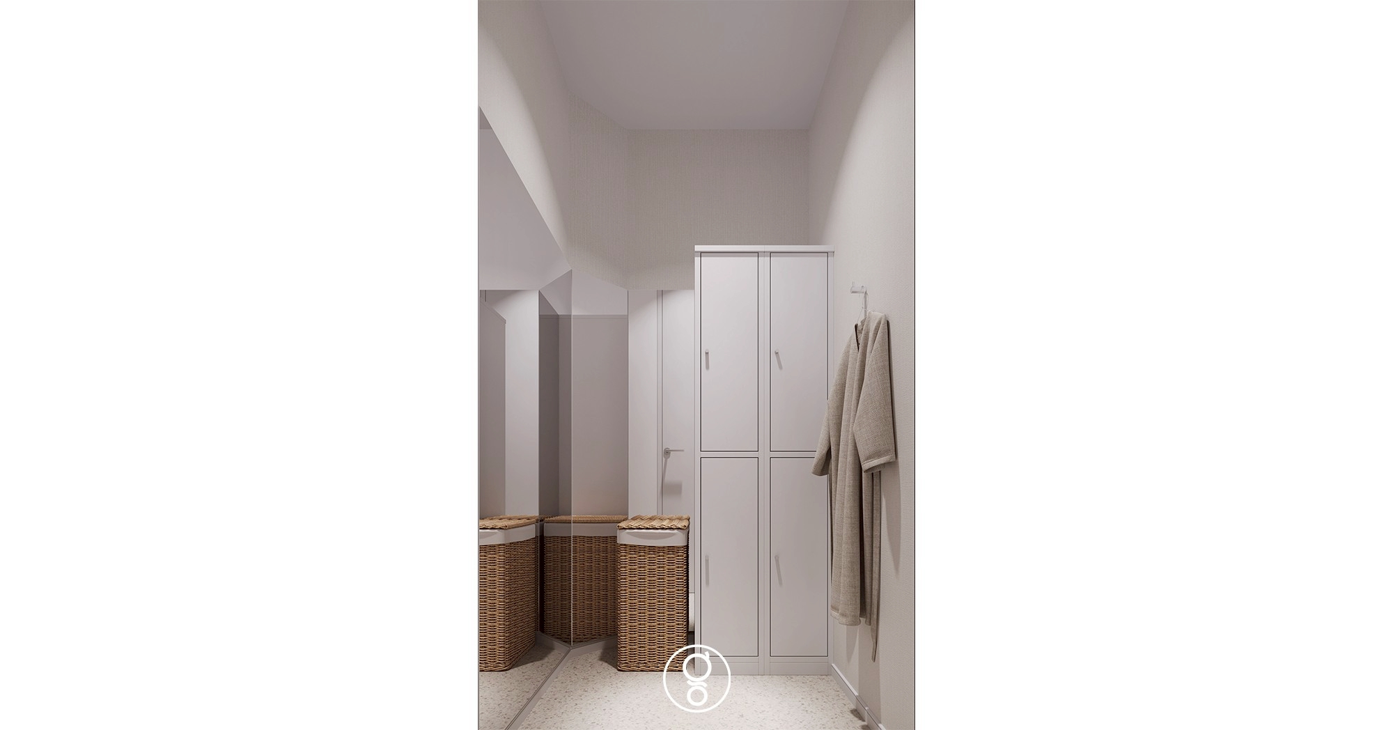 Changing room with full-height mirror, lockers and woven laundry baskets
