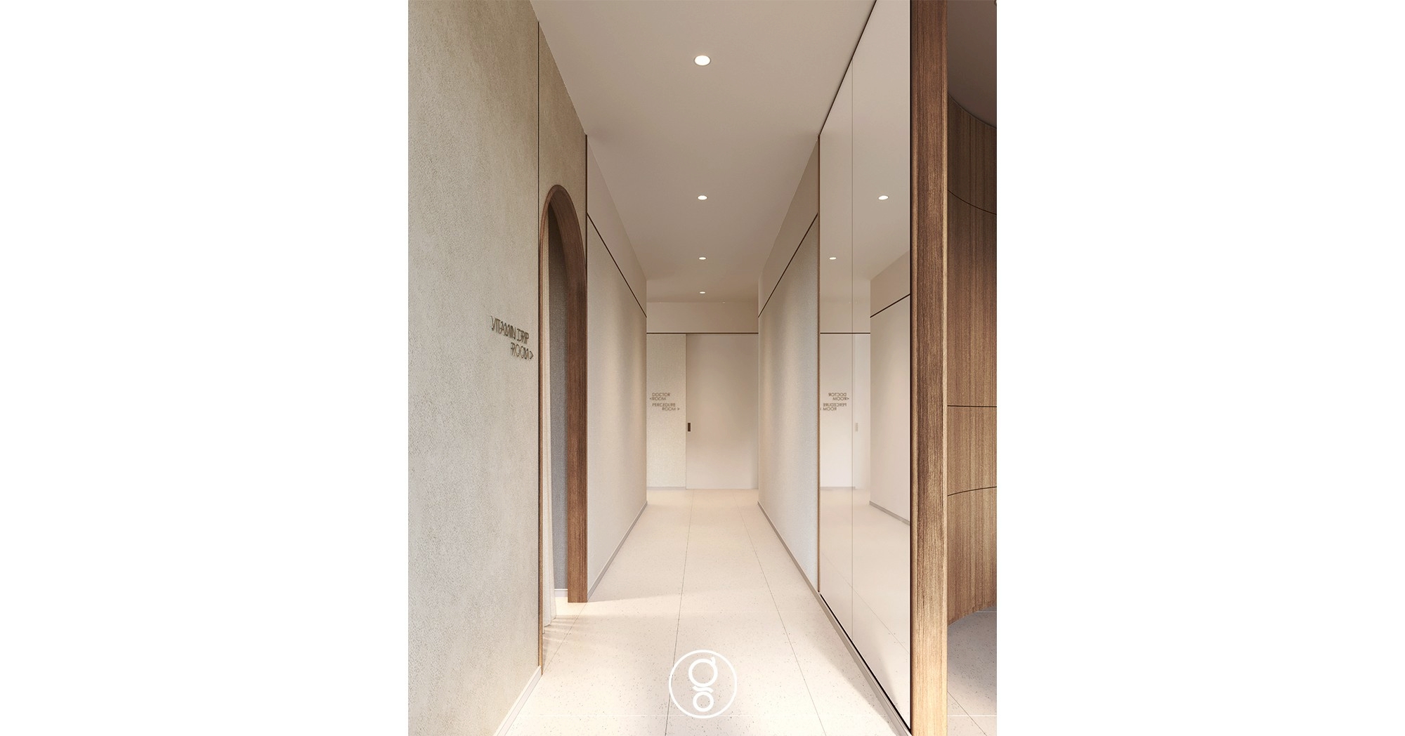Clinic corridor with mirrored joinery and an arched opening to the vitamin drip room