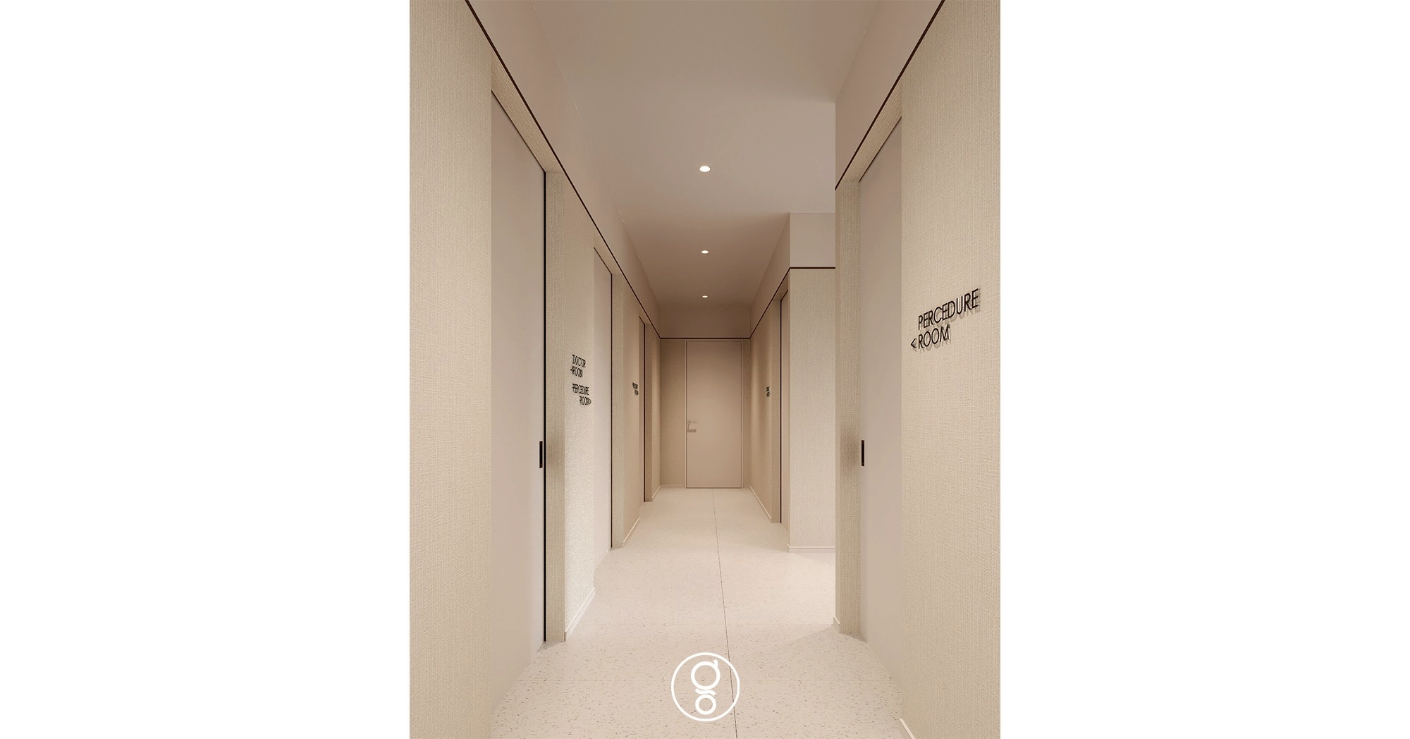 Clinic corridor in warm plaster with flush wayfinding signage and terrazzo floor