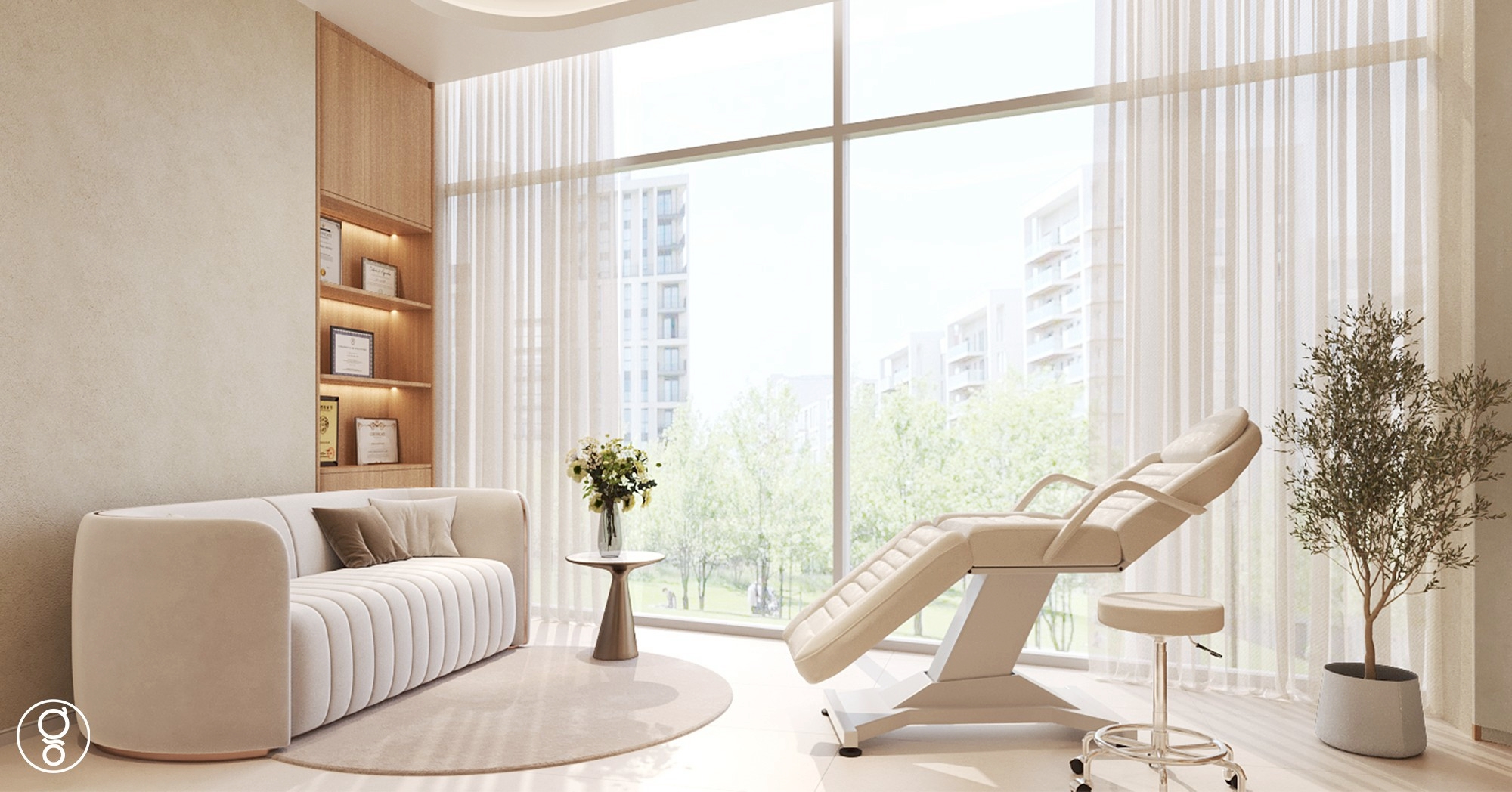 Consultation room with sofa, park view and a lit certificate display