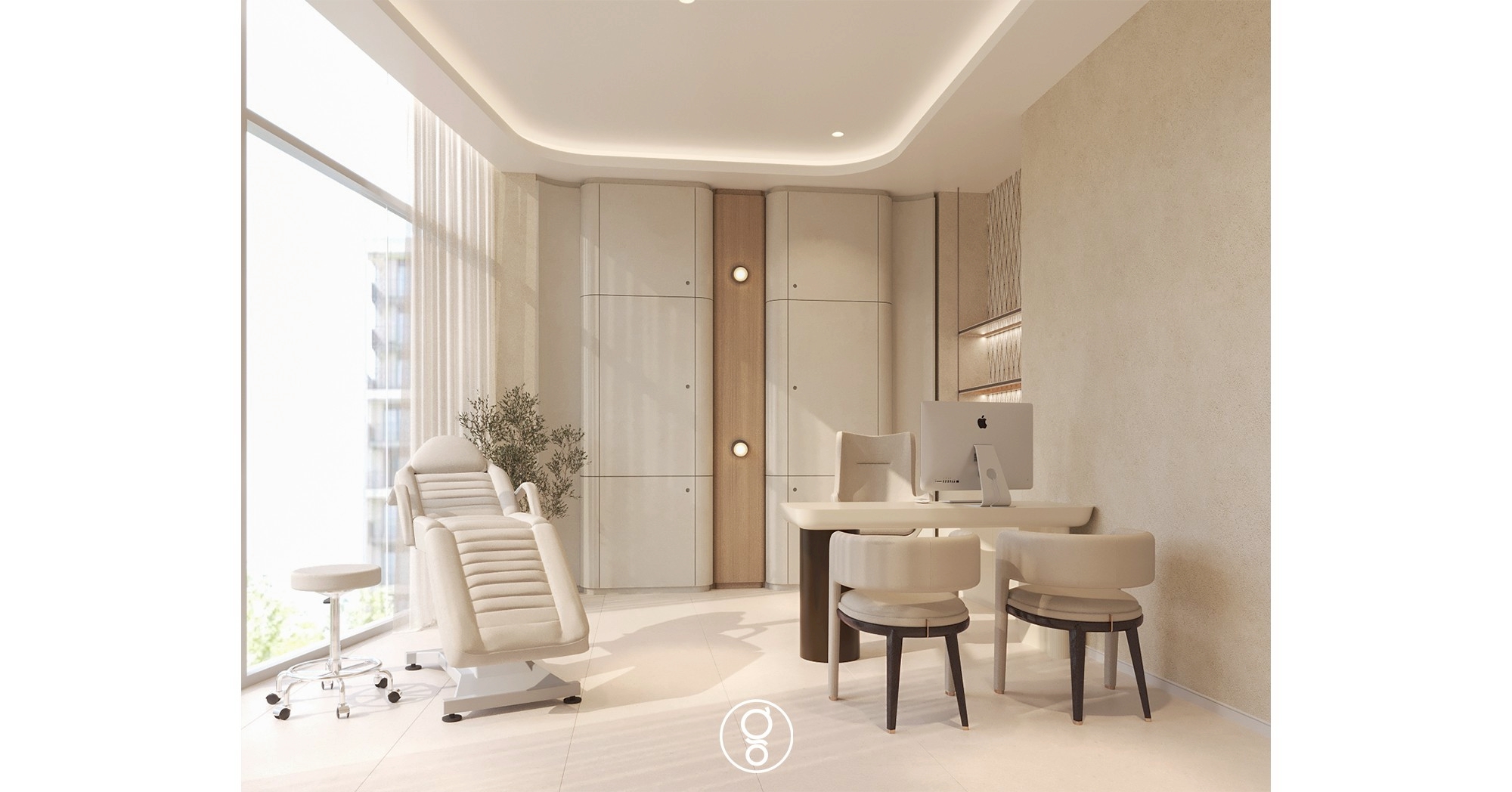 Doctor's room with treatment chair at the window and curved full-height cabinetry