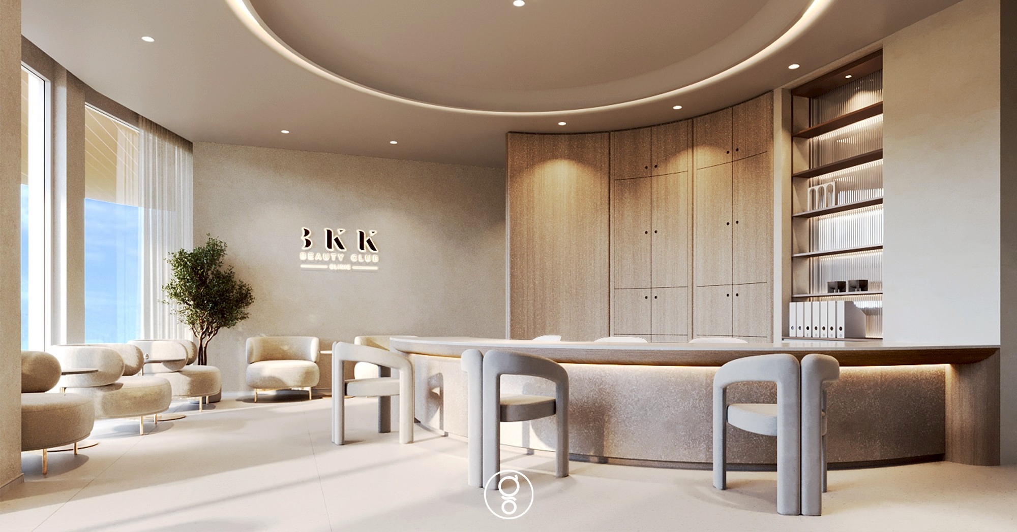 Curved reception counter in warm timber and stone at a Bangkok wellness clinic