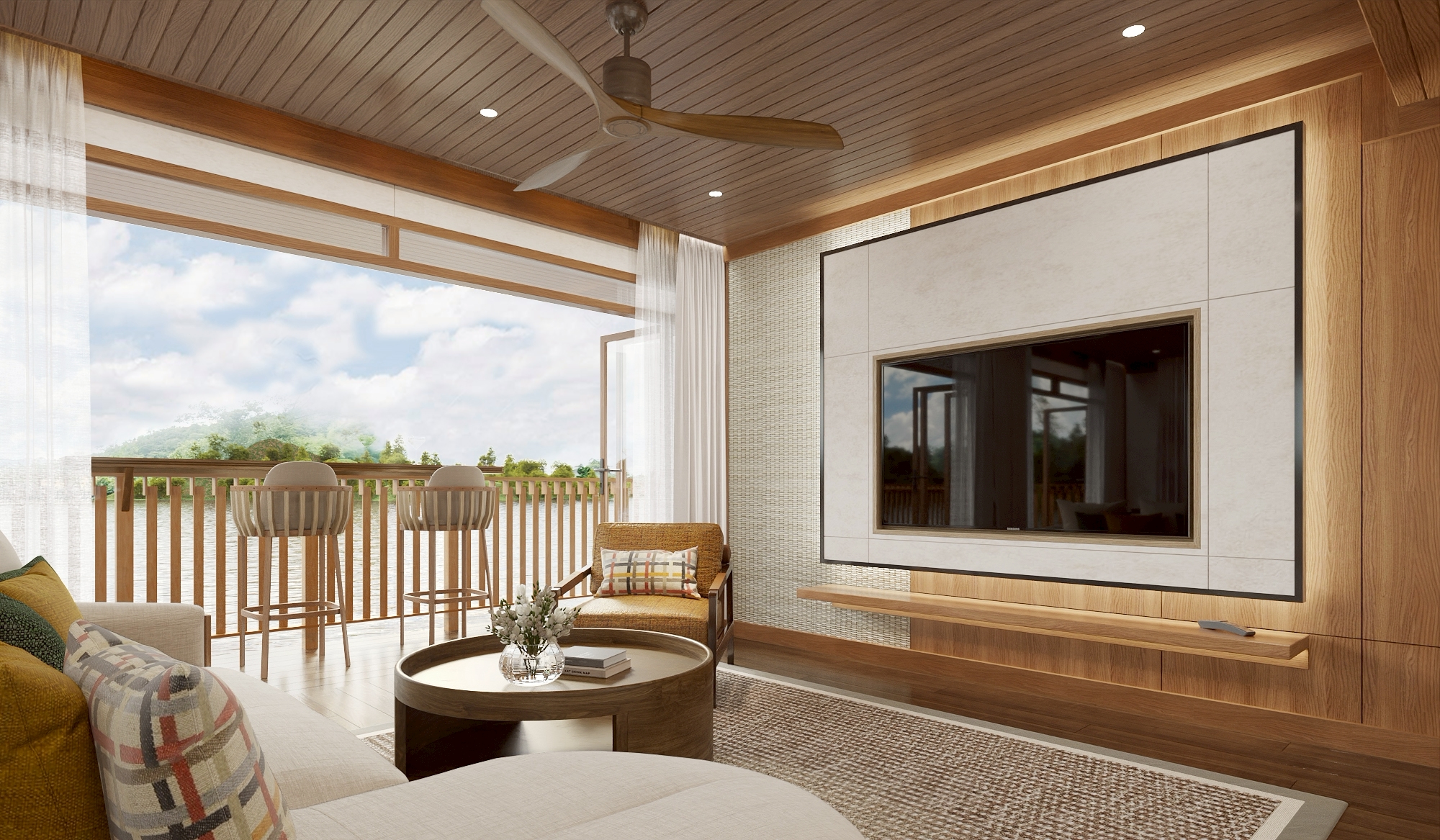 Living room with river view and verandah bar stools, floating villa
