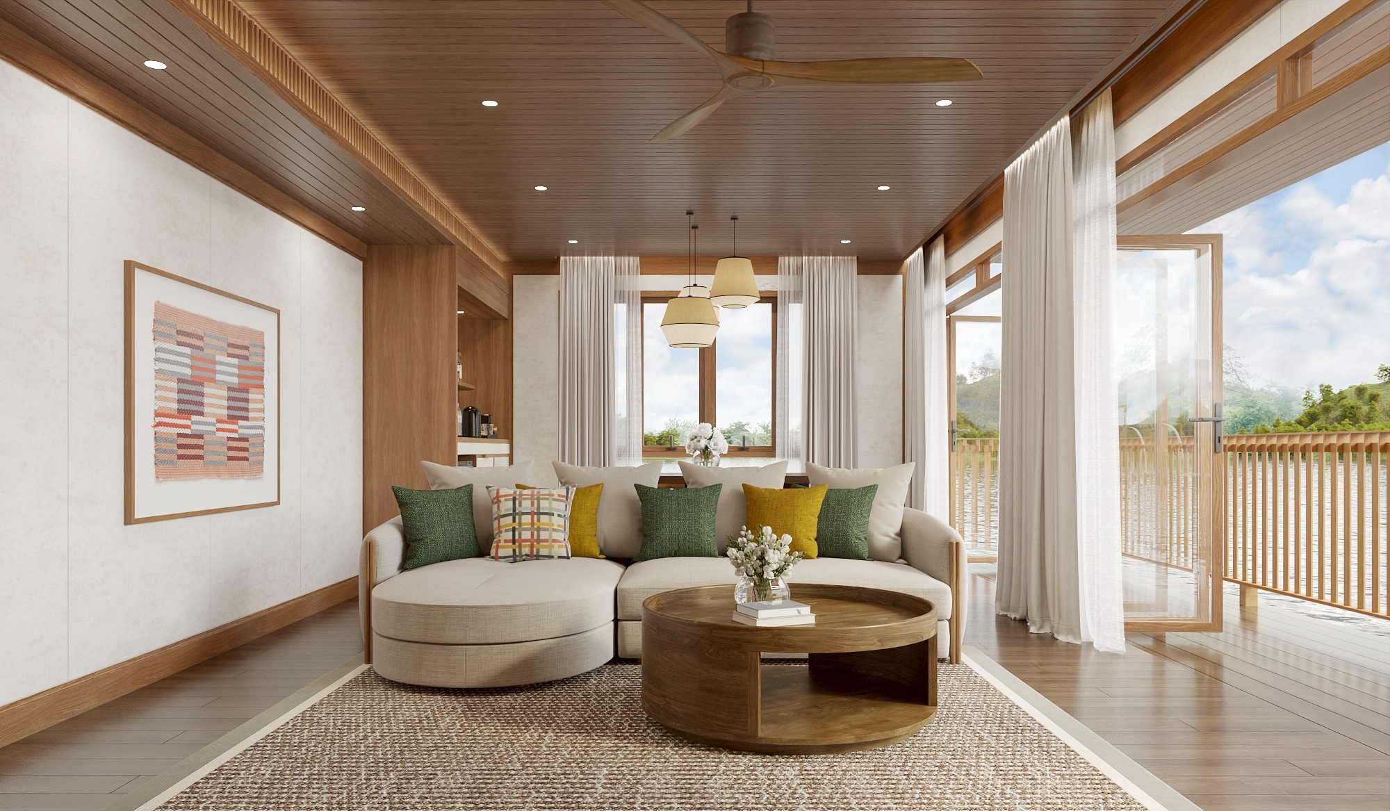Living room of a floating villa opening onto a river verandah