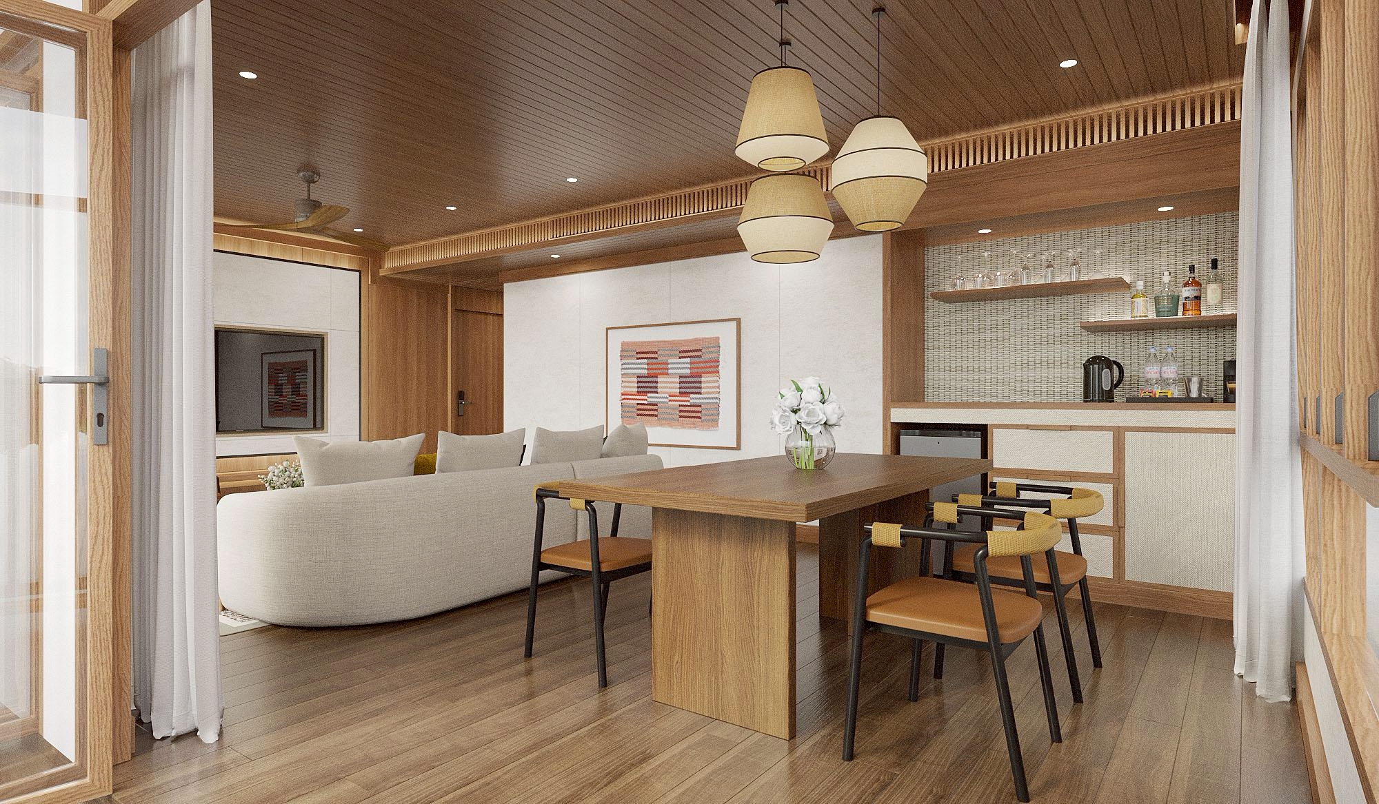 Dining table and bar in a floating villa interior, Kanchanaburi