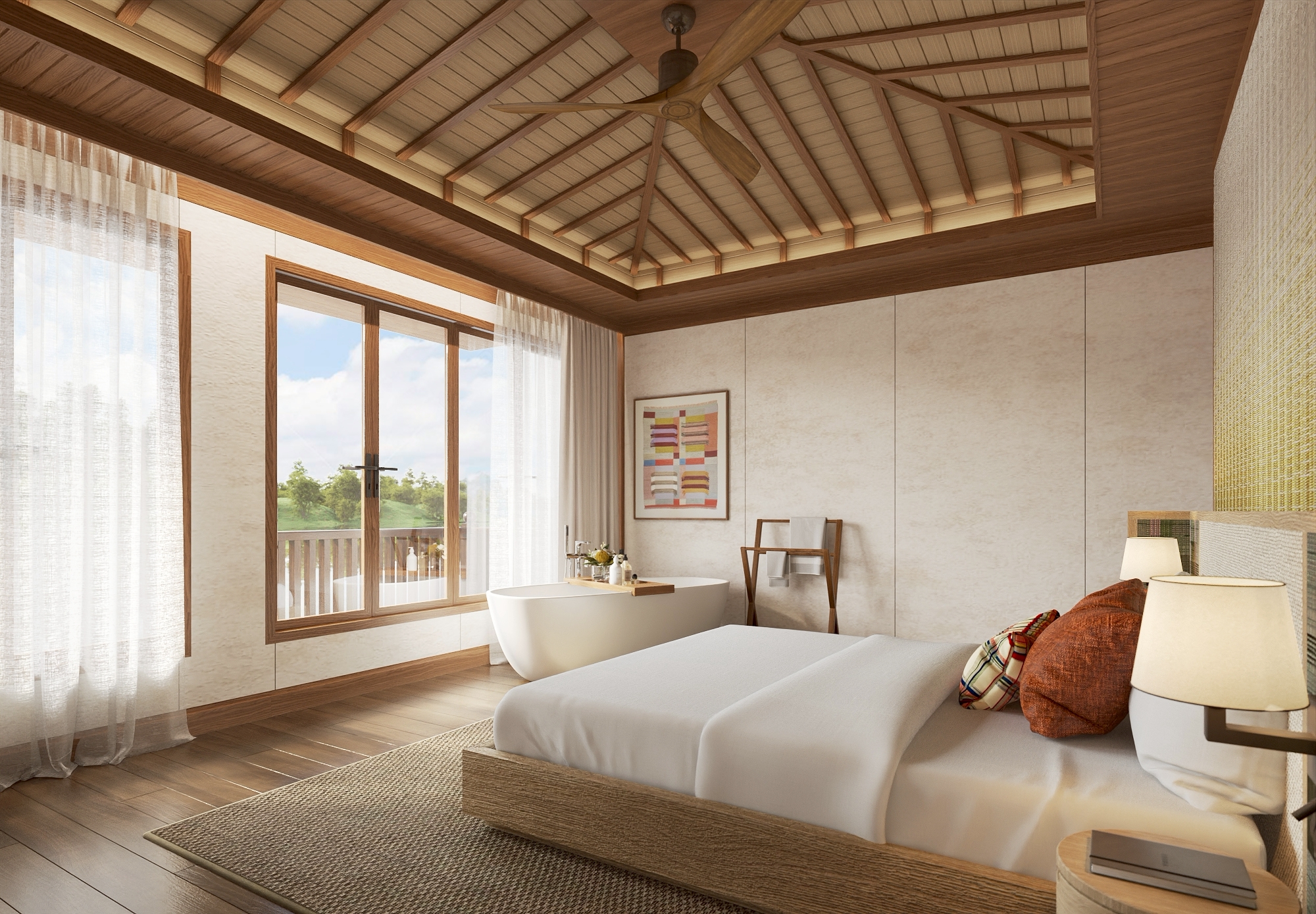 Master bedroom with freestanding tub facing the river, floating villa interior design