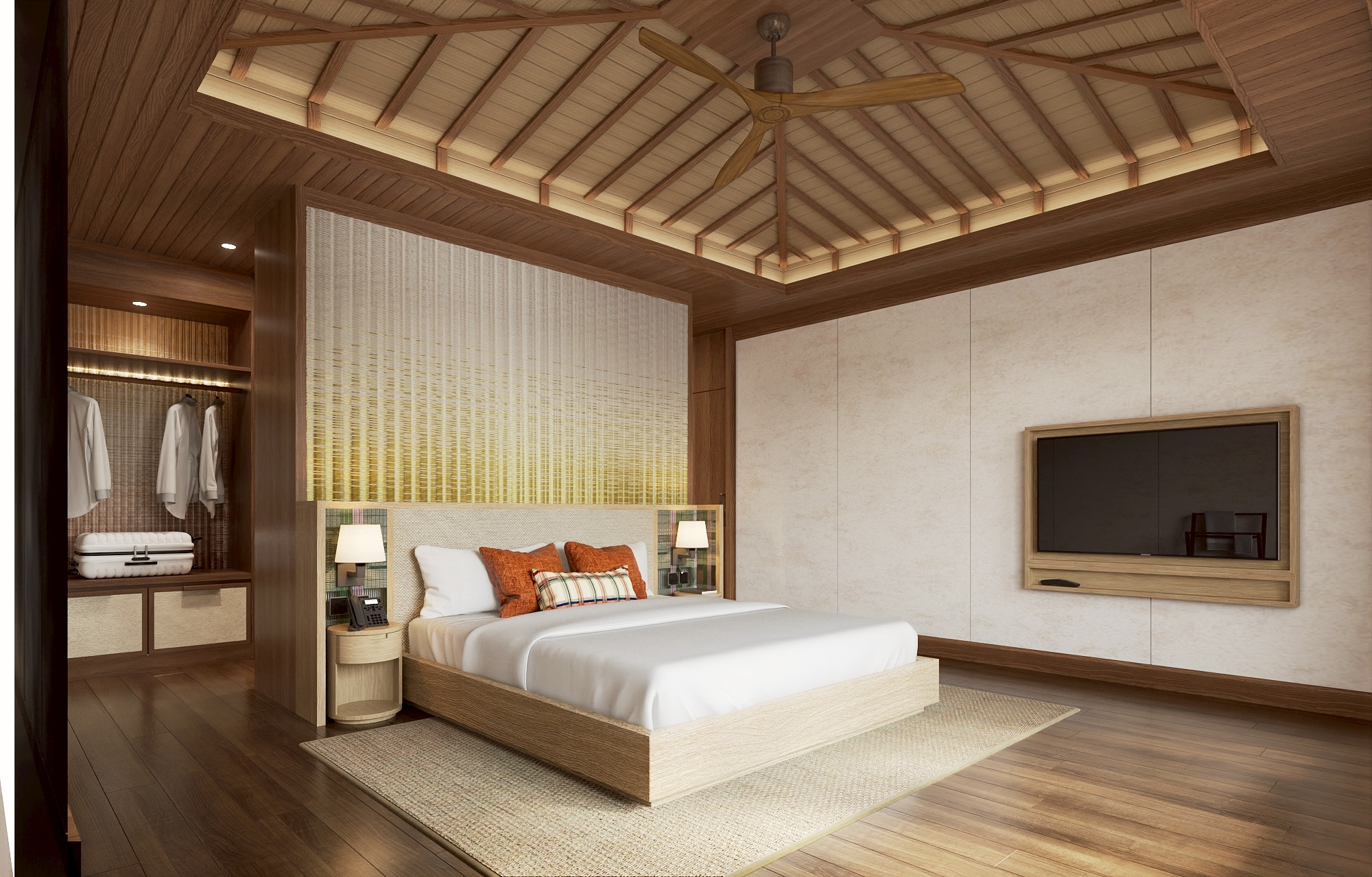 Master bedroom with woven headboard wall and exposed timber rafters